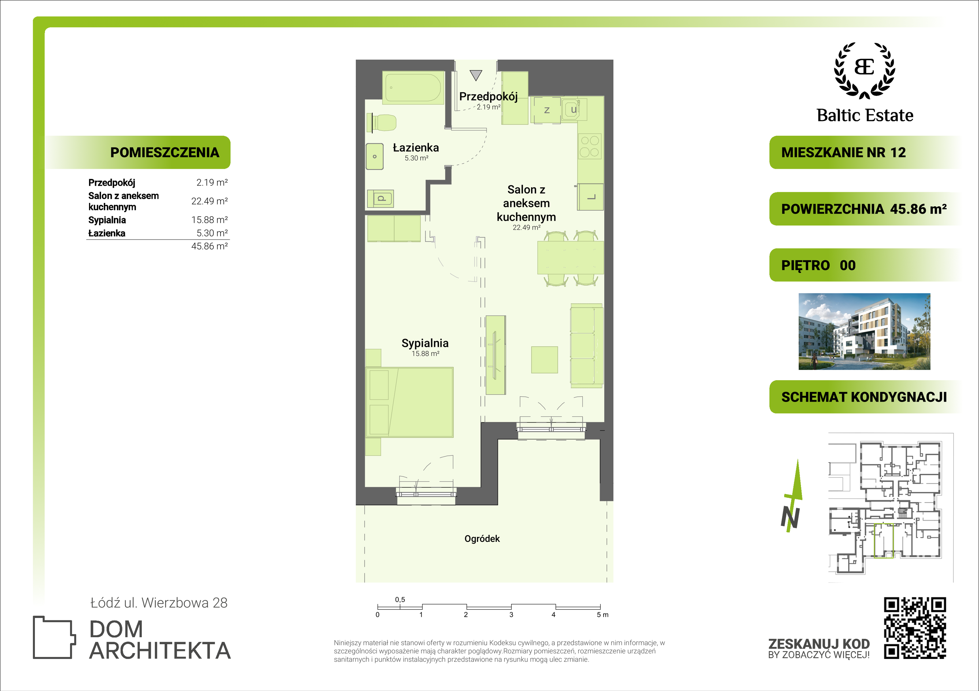 Mieszkanie 45,86 m², parter, oferta nr 00.M.12, Dom Architekta , Łódź, Śródmieście, Śródmieście, ul. Wierzbowa 28-idx