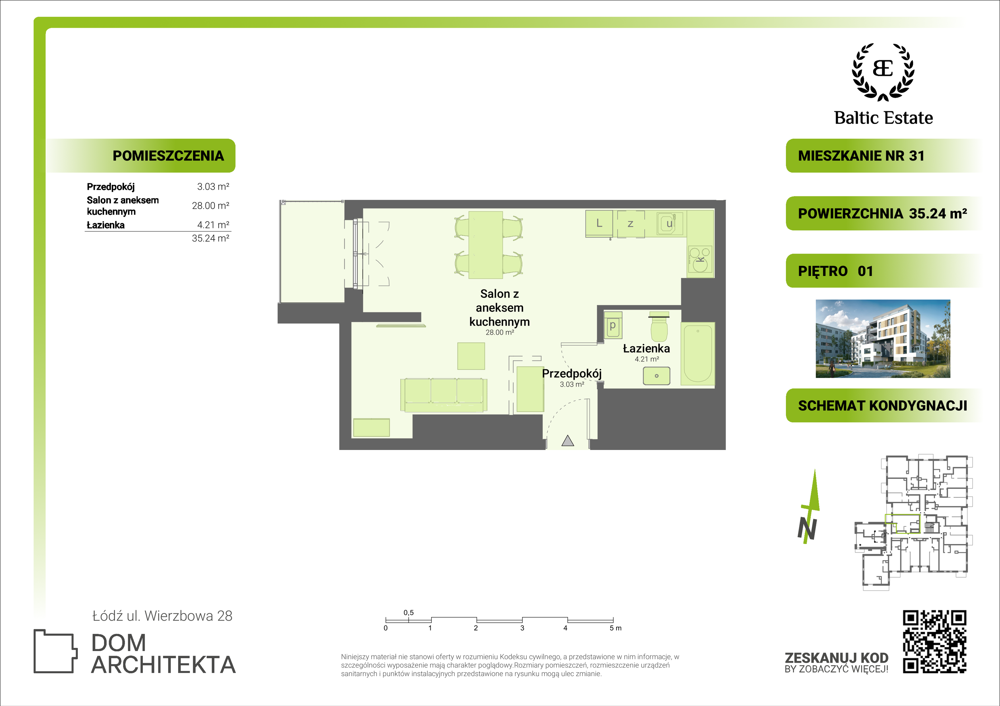 Mieszkanie 35,24 m², piętro 1, oferta nr 01.M.31 , Dom Architekta , Łódź, Śródmieście, Śródmieście, ul. Wierzbowa 28-idx