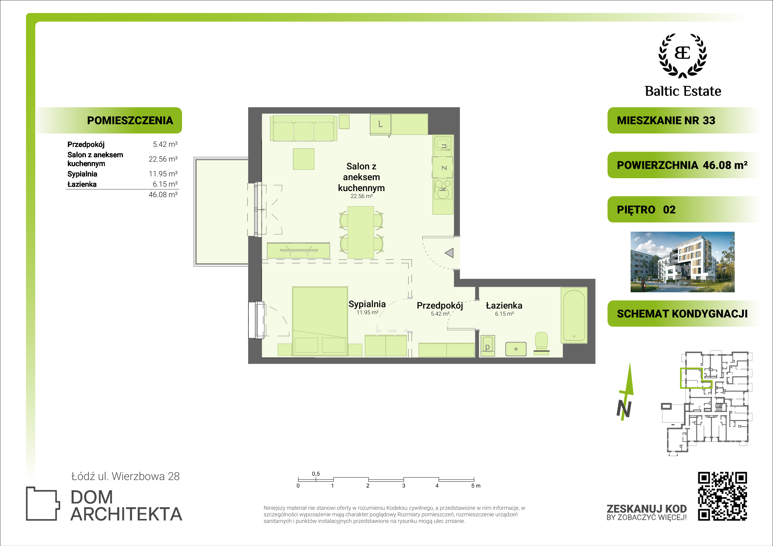 Mieszkanie 46,08 m², piętro 2, oferta nr 02.M.33, Dom Architekta , Łódź, Śródmieście, Śródmieście, ul. Wierzbowa 28-idx