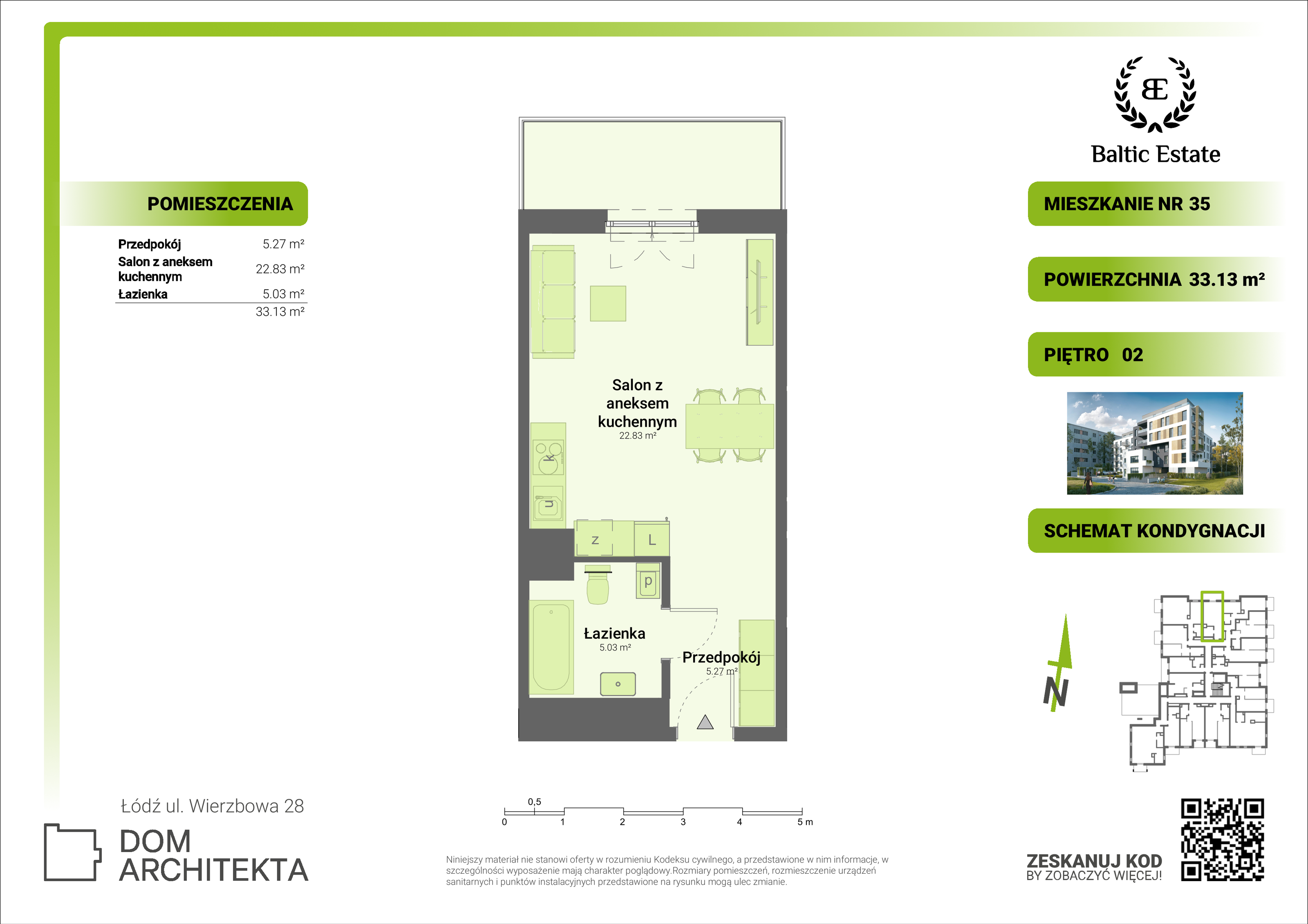 Mieszkanie 33,13 m², piętro 2, oferta nr 02.M.35, Dom Architekta , Łódź, Śródmieście, Śródmieście, ul. Wierzbowa 28-idx