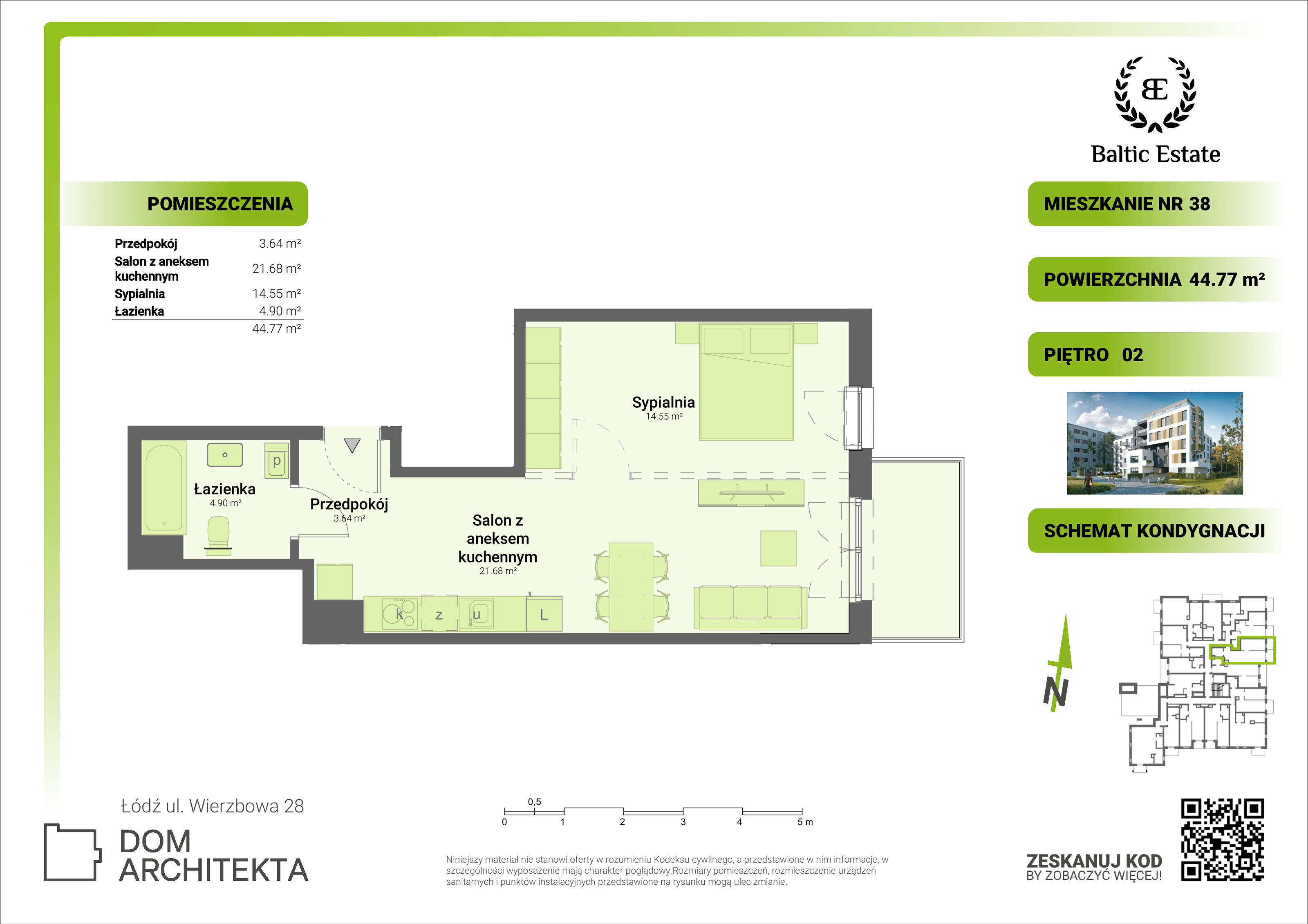 Mieszkanie 44,77 m², piętro 2, oferta nr 02.M.38, Dom Architekta , Łódź, Śródmieście, Śródmieście, ul. Wierzbowa 28-idx