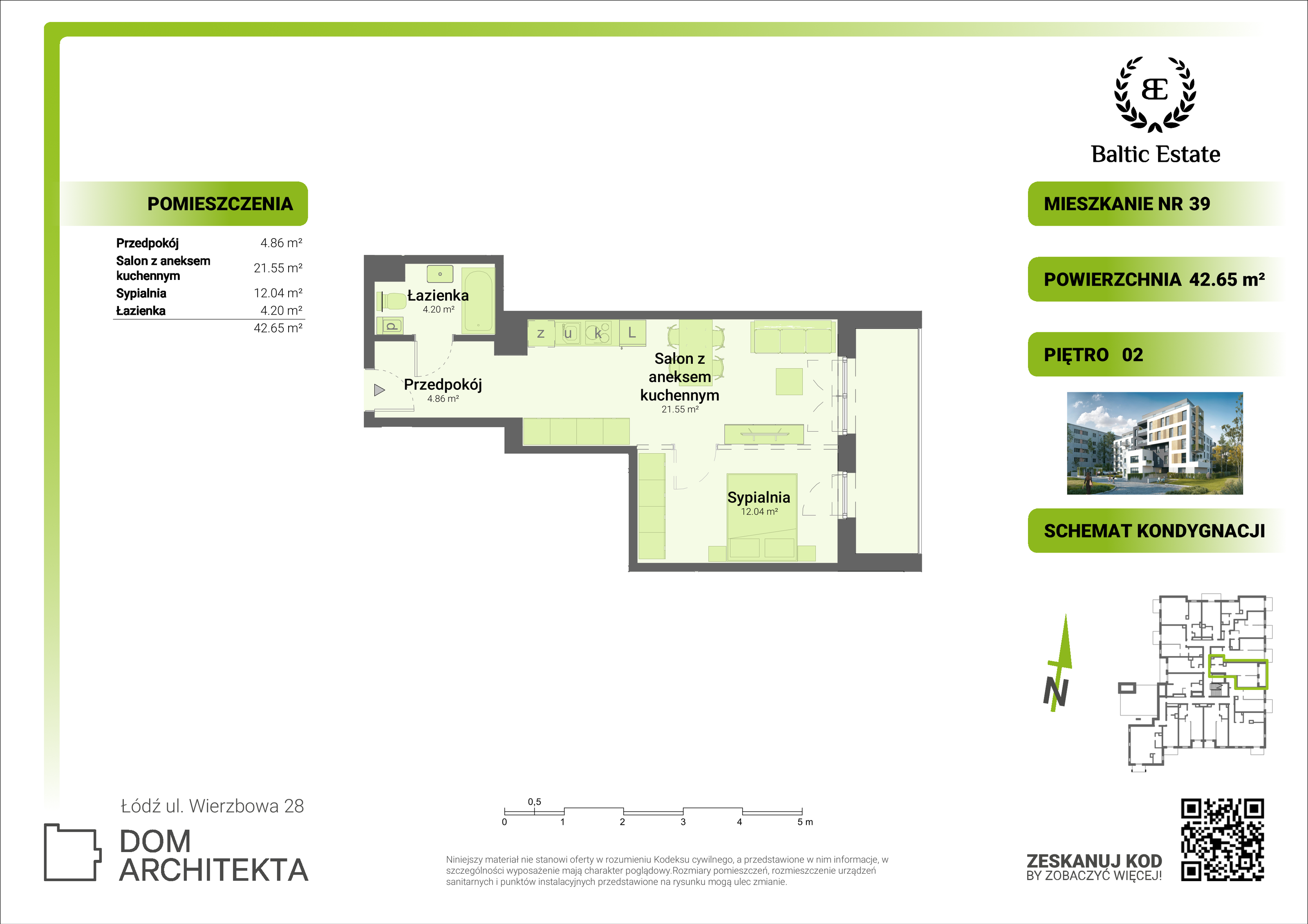 Mieszkanie 42,65 m², piętro 2, oferta nr 02.M.39, Dom Architekta , Łódź, Śródmieście, Śródmieście, ul. Wierzbowa 28-idx