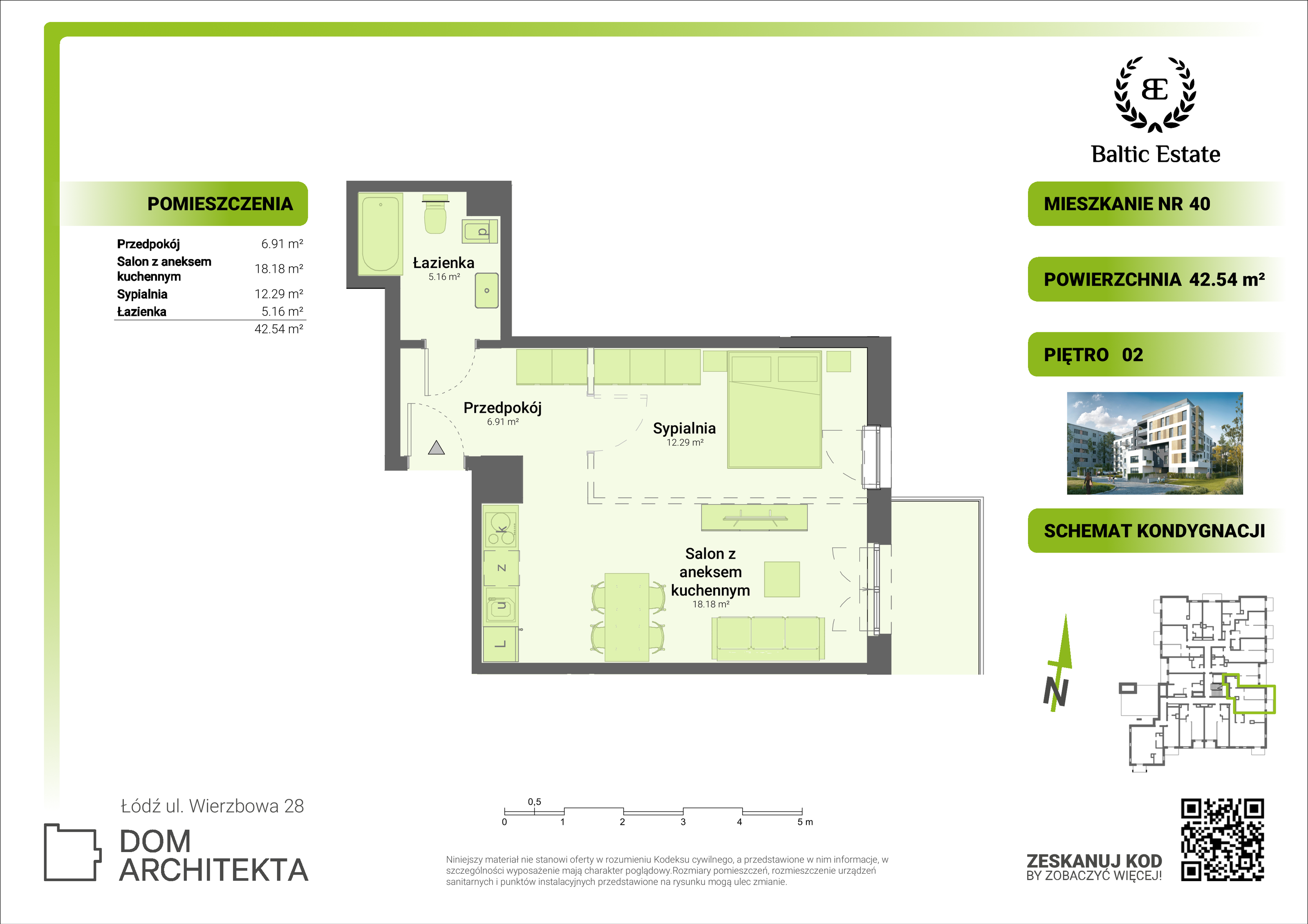 Mieszkanie 42,54 m², piętro 2, oferta nr 02.M.40, Dom Architekta , Łódź, Śródmieście, Śródmieście, ul. Wierzbowa 28-idx