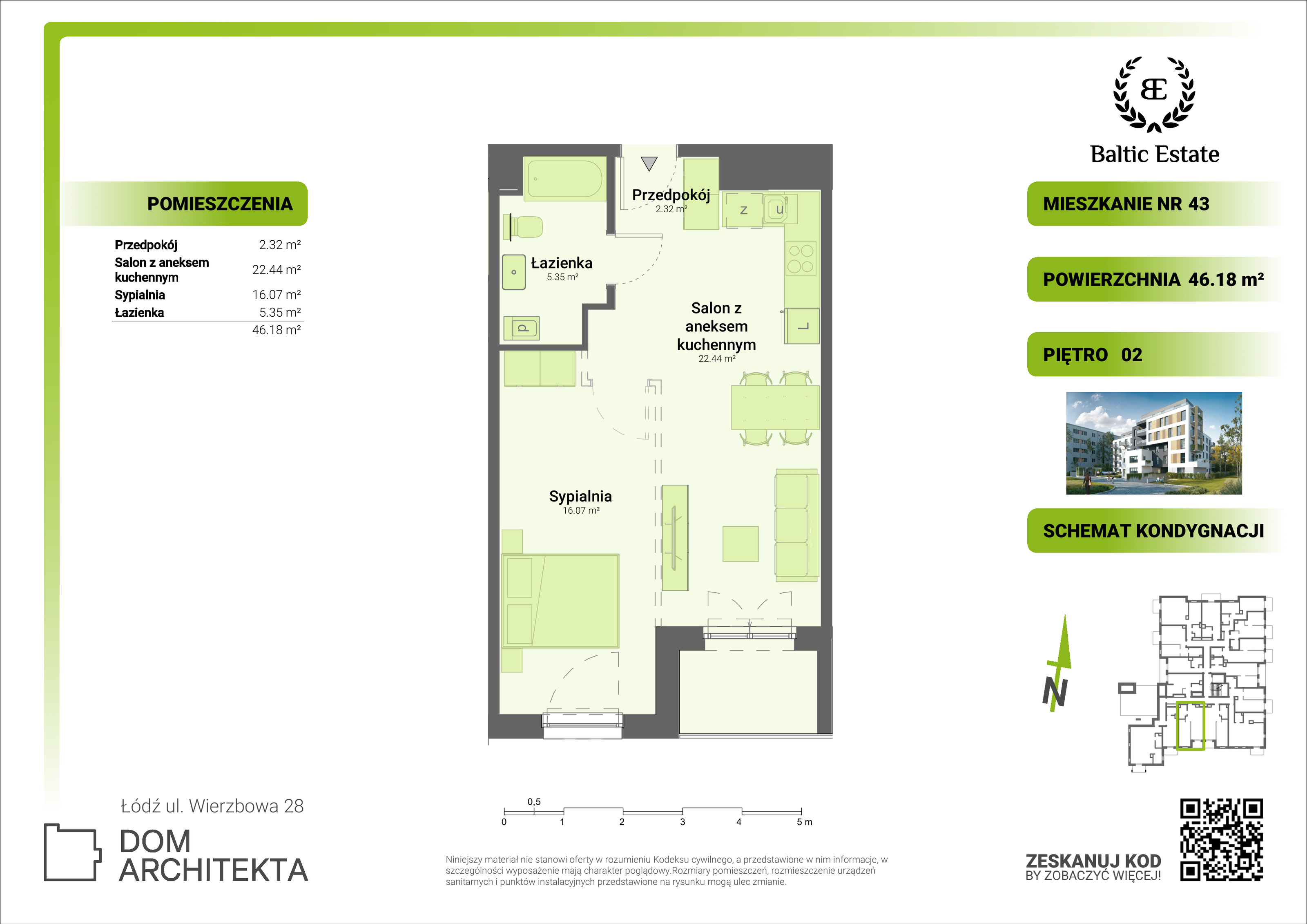 Mieszkanie 46,18 m², piętro 2, oferta nr 02.M.43, Dom Architekta , Łódź, Śródmieście, Śródmieście, ul. Wierzbowa 28-idx