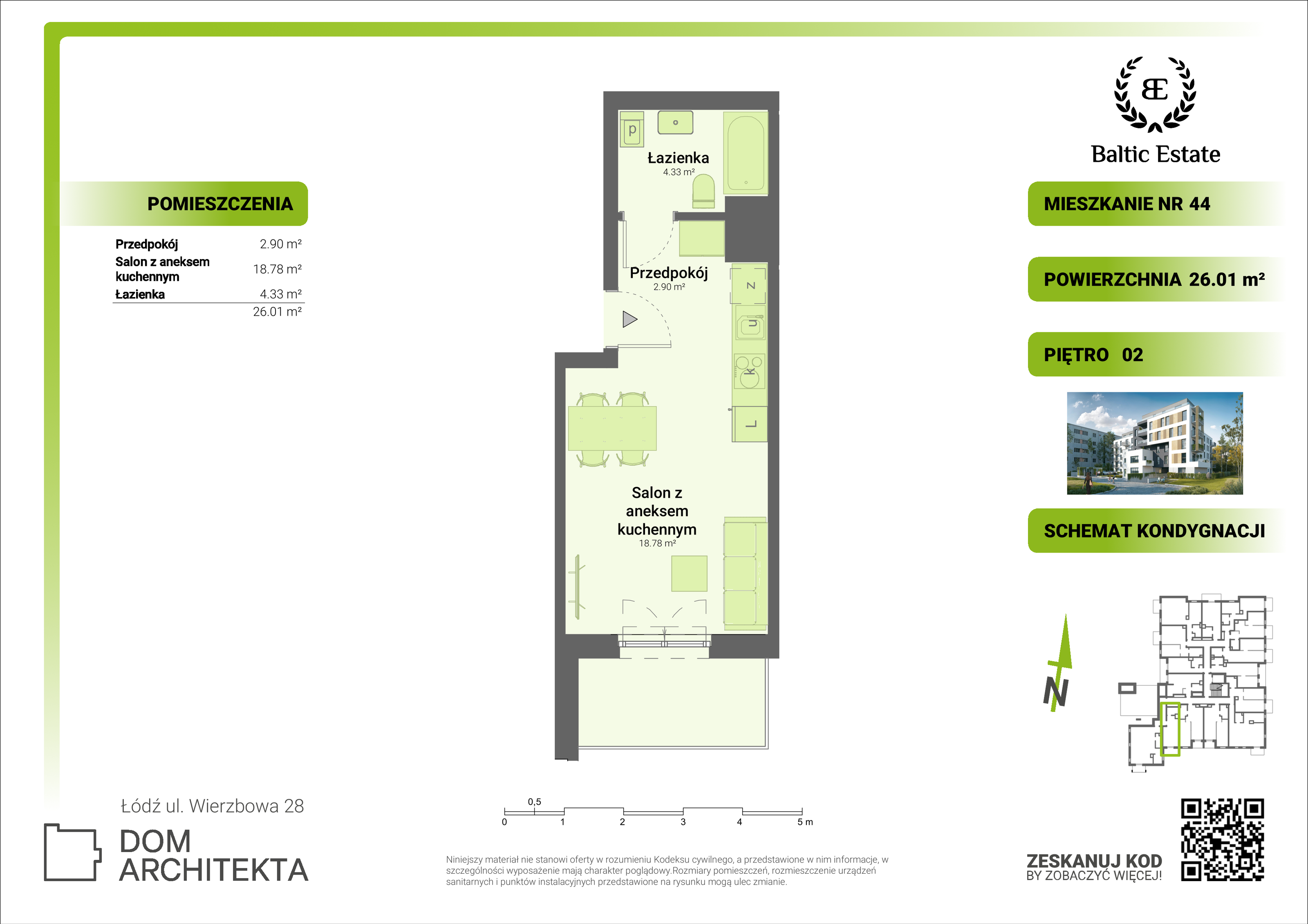 Mieszkanie 26,01 m², piętro 2, oferta nr 02.M.44, Dom Architekta , Łódź, Śródmieście, Śródmieście, ul. Wierzbowa 28-idx