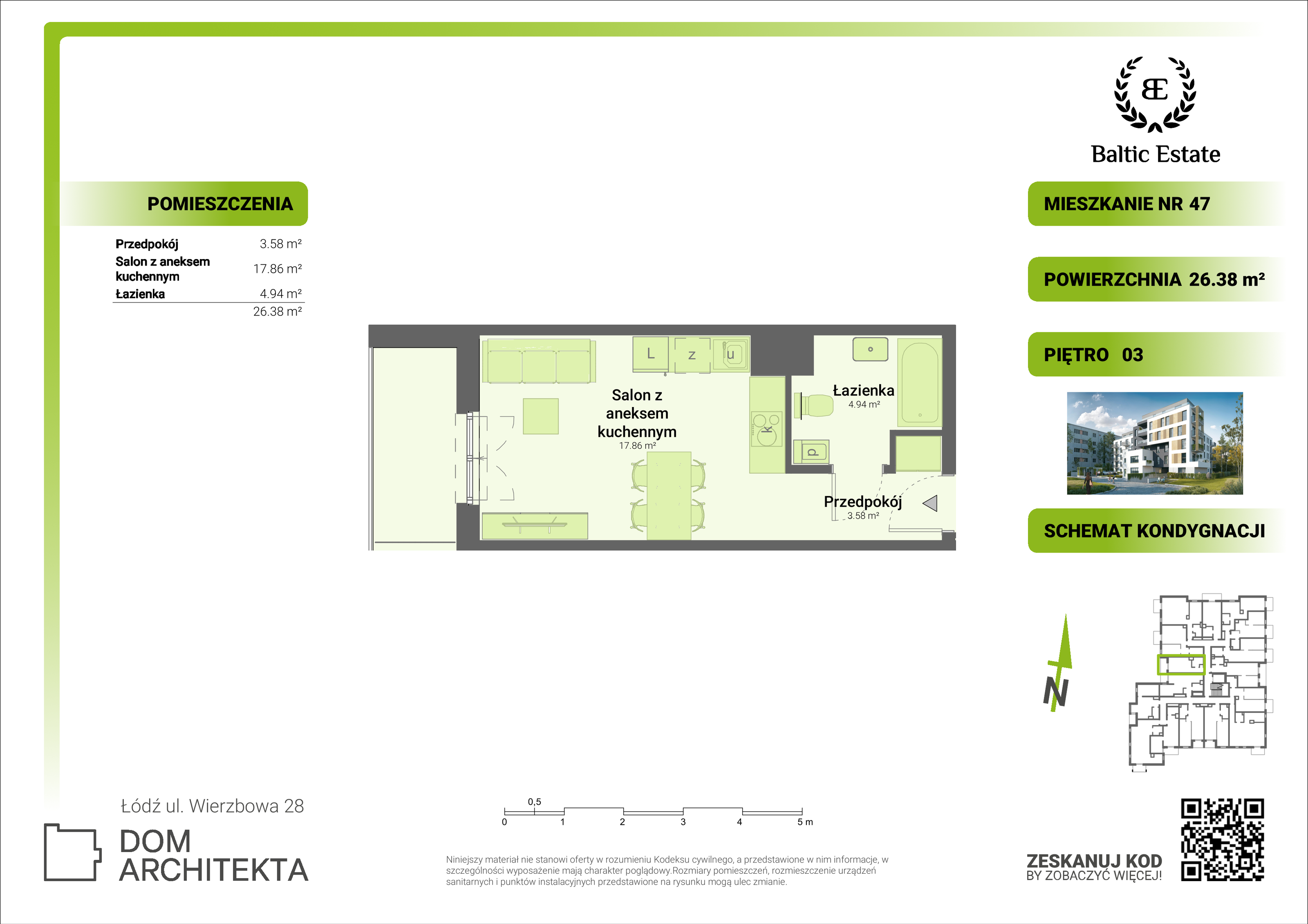 Mieszkanie 26,41 m², piętro 3, oferta nr 03.M.47, Dom Architekta , Łódź, Śródmieście, Śródmieście, ul. Wierzbowa 28-idx