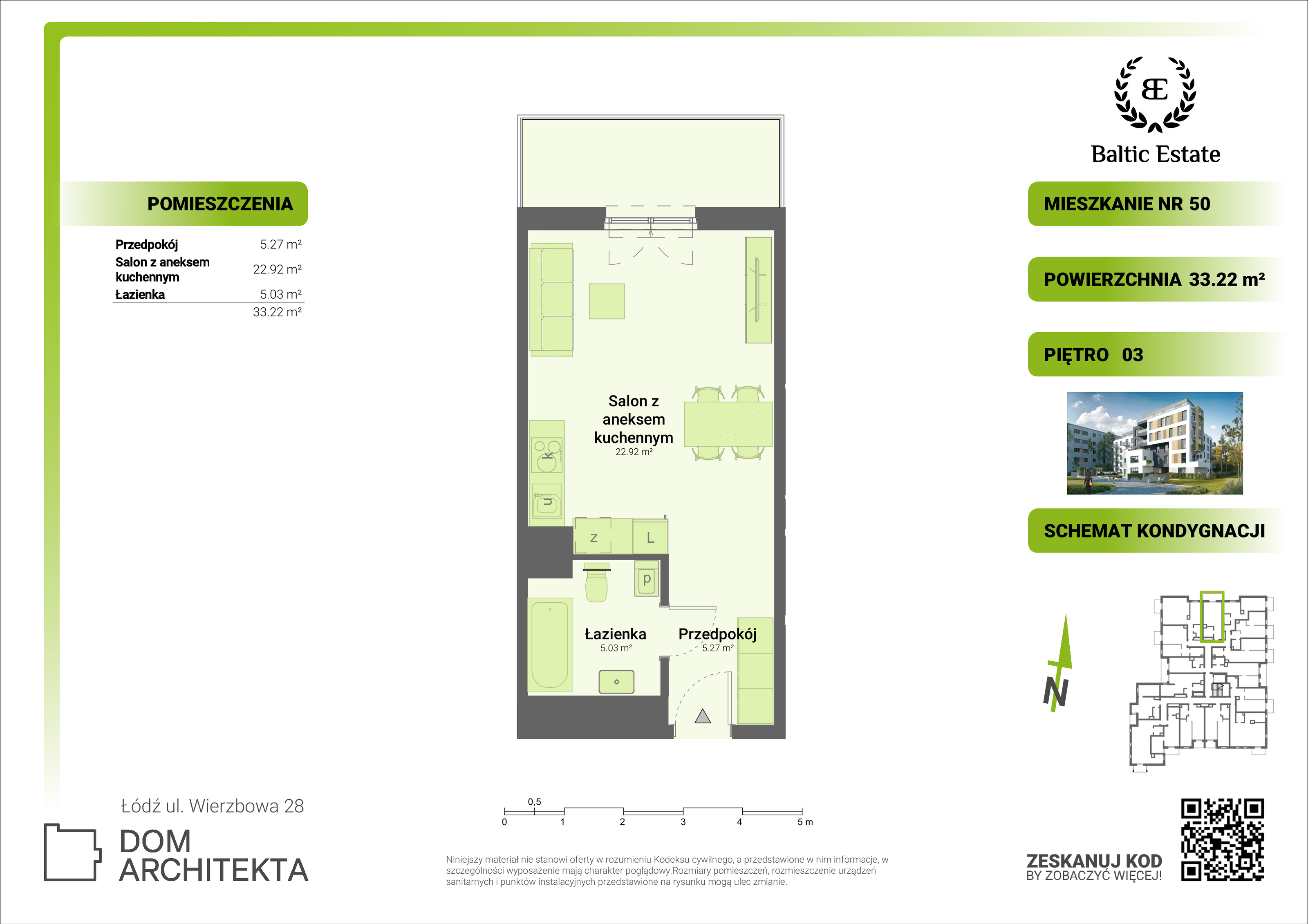 Mieszkanie 33,22 m², piętro 3, oferta nr 03.M.50, Dom Architekta , Łódź, Śródmieście, Śródmieście, ul. Wierzbowa 28-idx