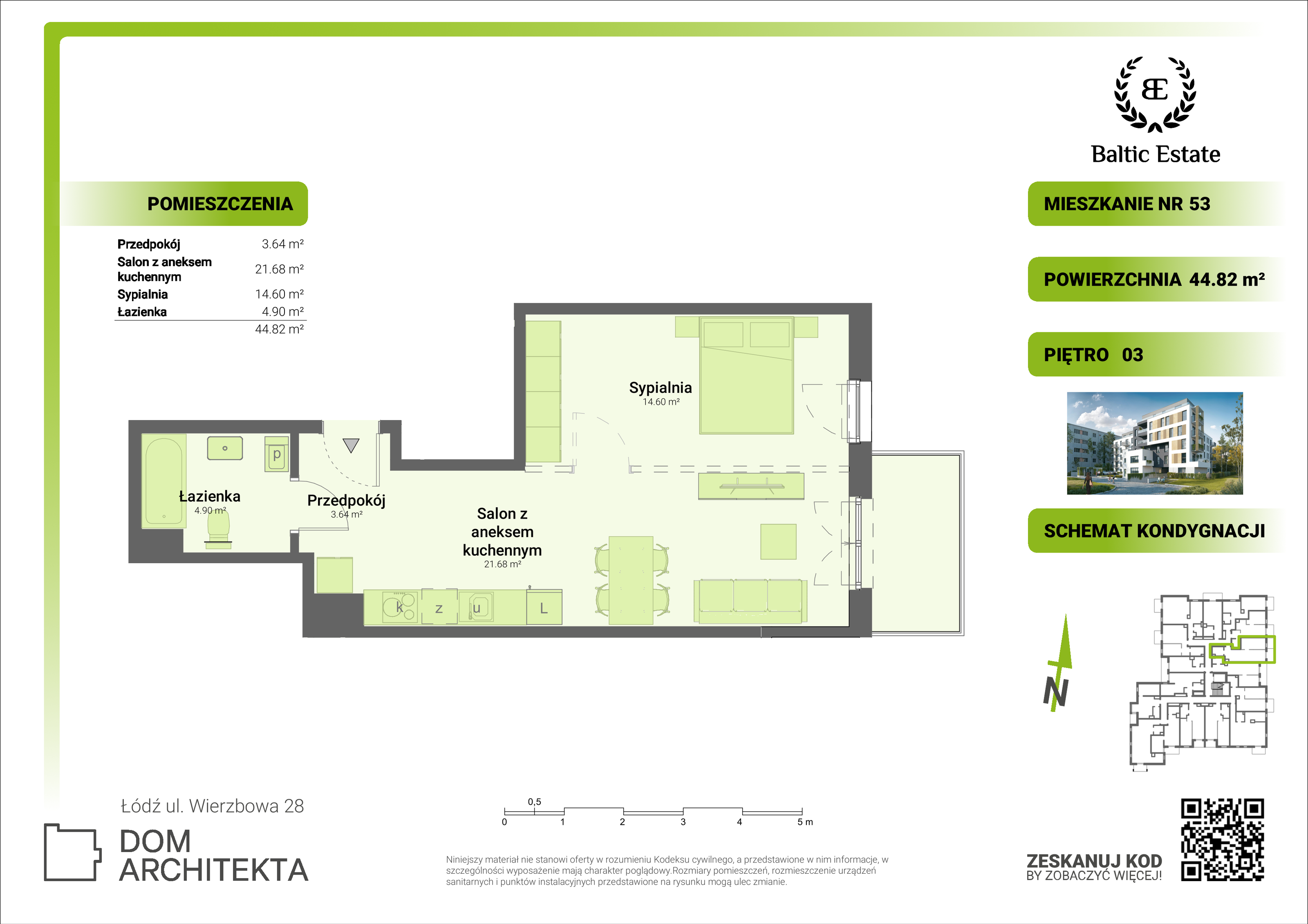 Mieszkanie 44,82 m², piętro 3, oferta nr 03.M.53, Dom Architekta , Łódź, Śródmieście, Śródmieście, ul. Wierzbowa 28-idx