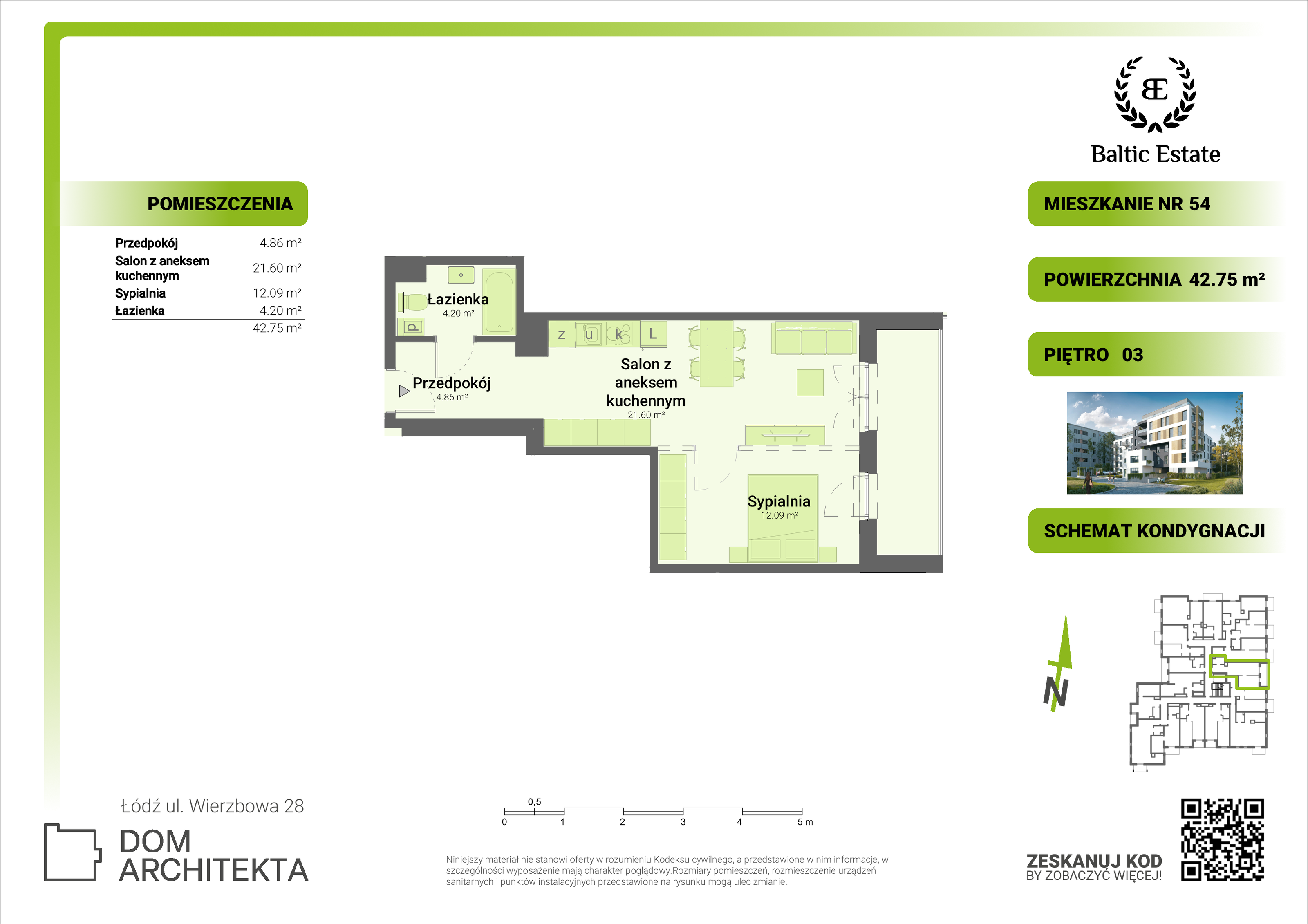 Mieszkanie 42,75 m², piętro 3, oferta nr 03.M.54, Dom Architekta , Łódź, Śródmieście, Śródmieście, ul. Wierzbowa 28-idx