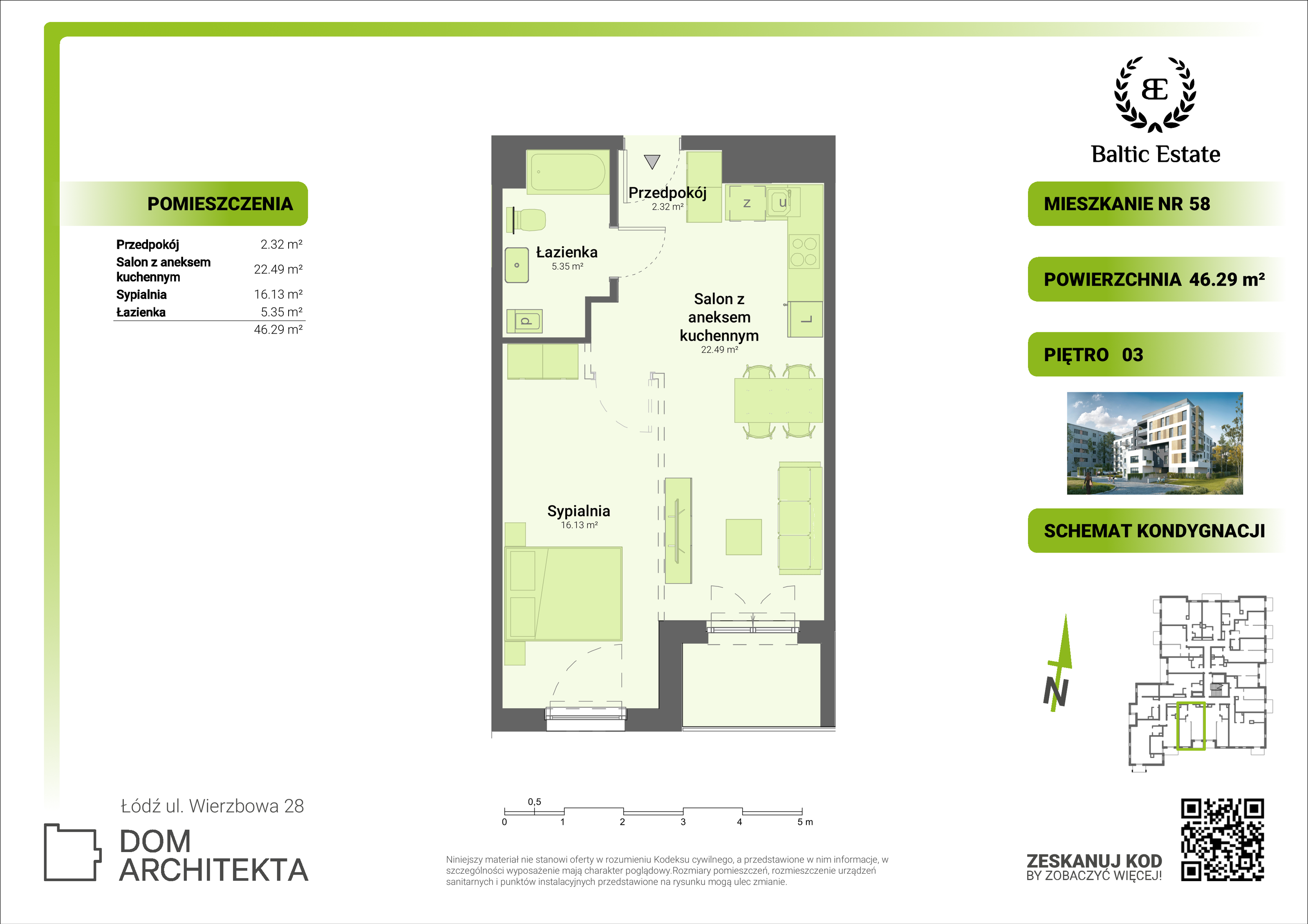 Mieszkanie 46,29 m², piętro 3, oferta nr 03.M.58, Dom Architekta , Łódź, Śródmieście, Śródmieście, ul. Wierzbowa 28-idx