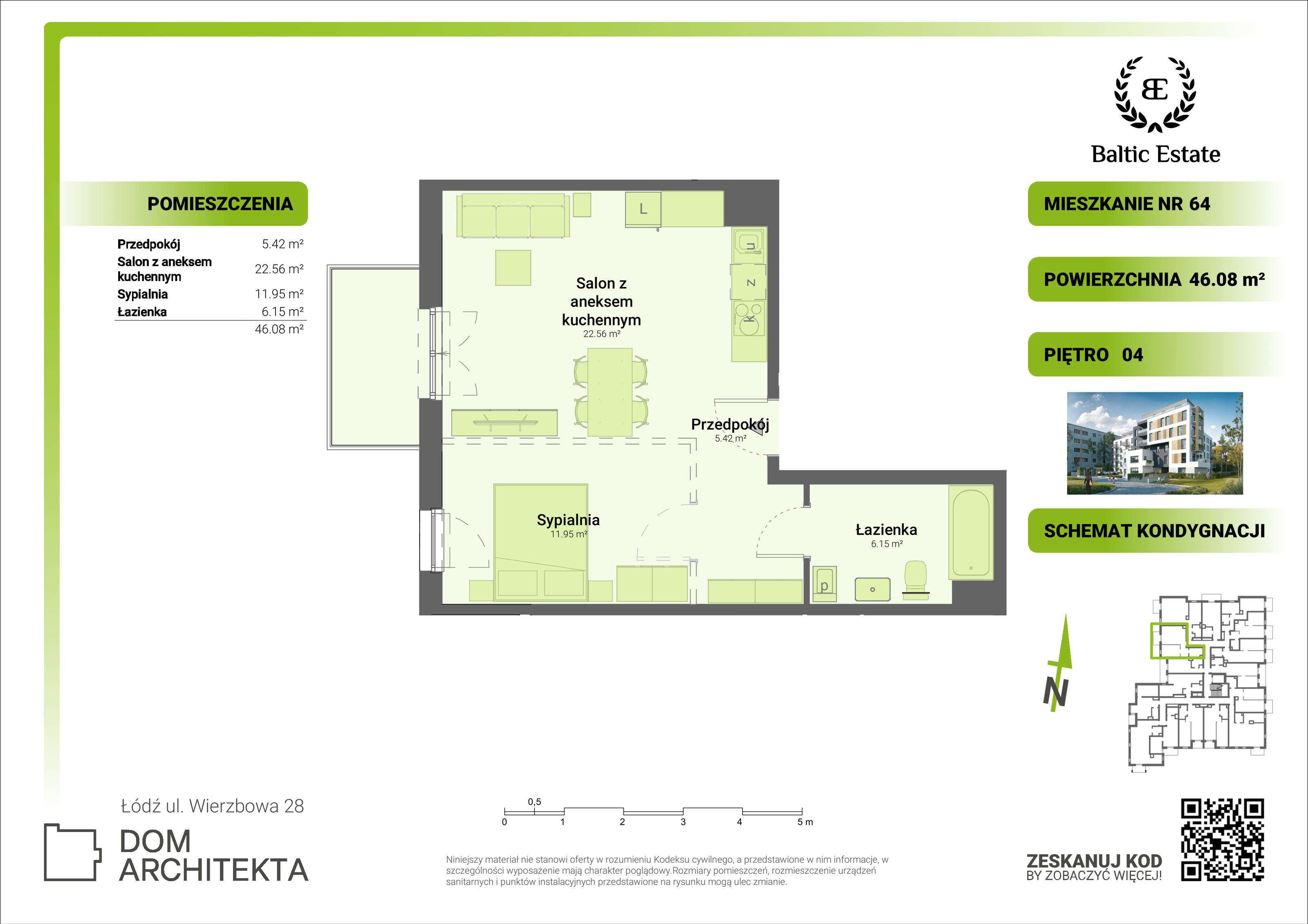 Mieszkanie 46,08 m², piętro 4, oferta nr 04.M.64, Dom Architekta , Łódź, Śródmieście, Śródmieście, ul. Wierzbowa 28-idx