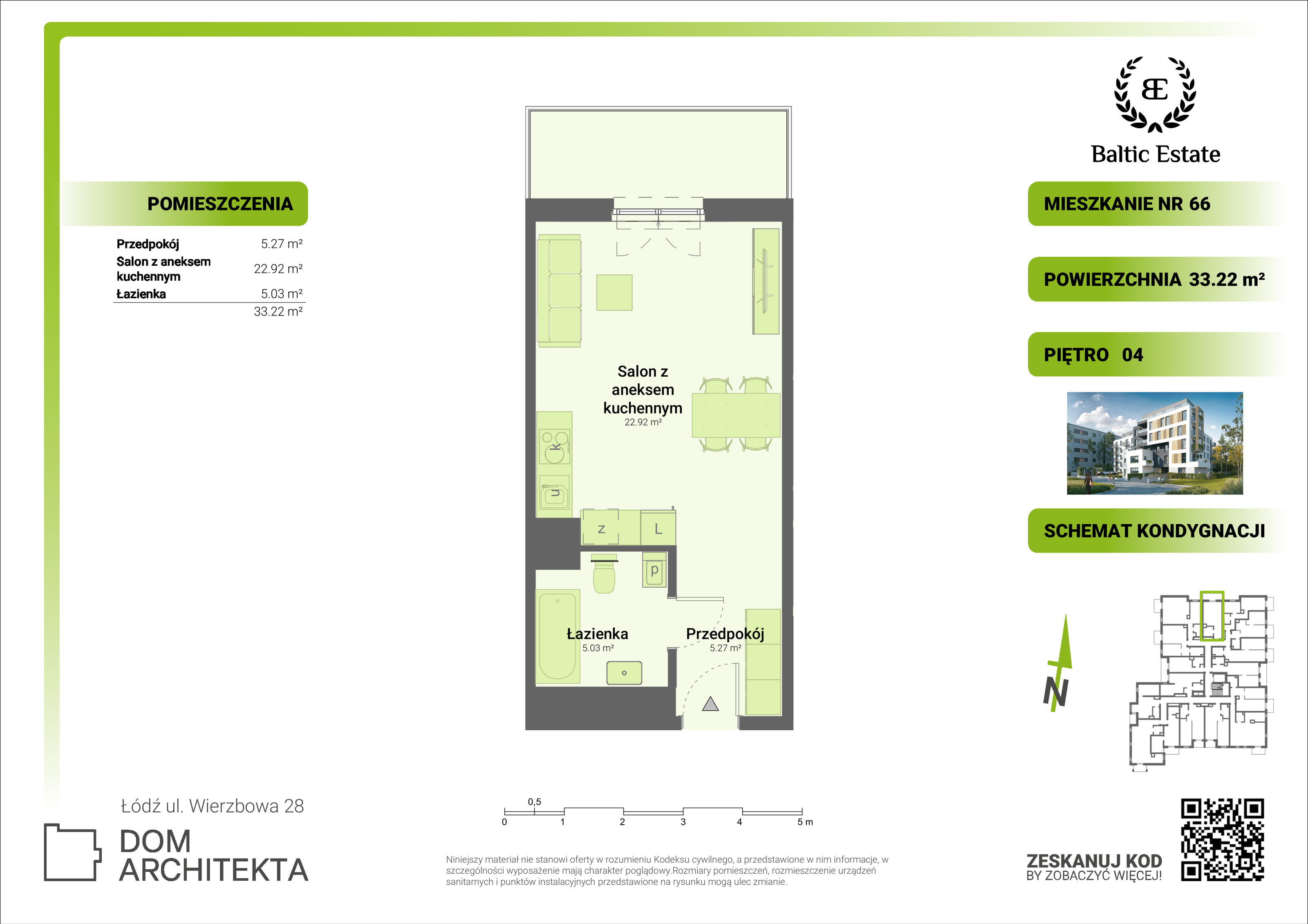 Mieszkanie 33,22 m², piętro 4, oferta nr 04.M.66, Dom Architekta , Łódź, Śródmieście, Śródmieście, ul. Wierzbowa 28-idx