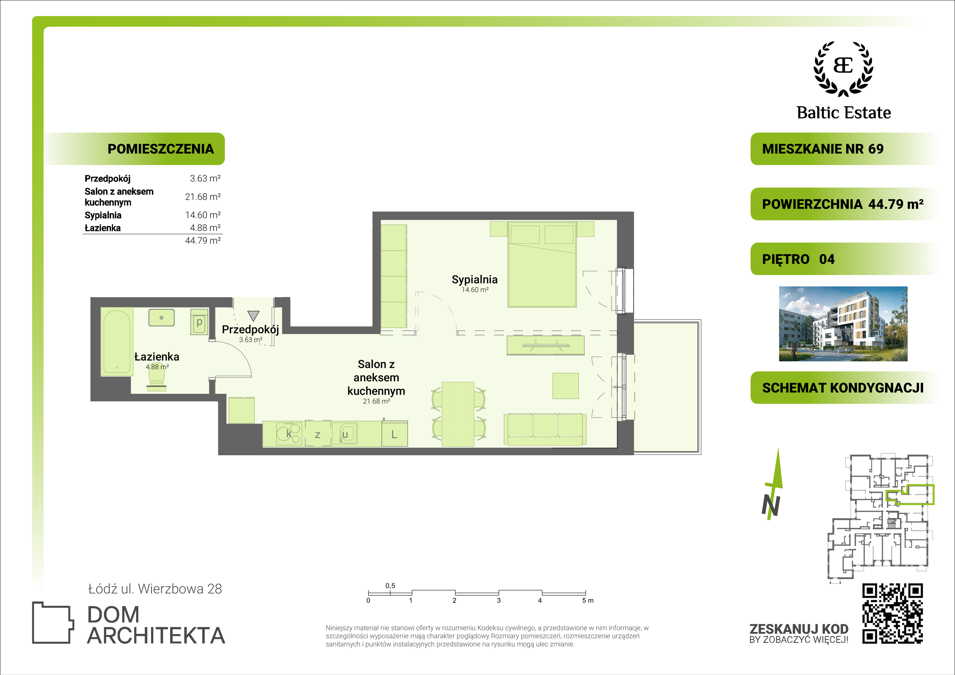 Mieszkanie 44,79 m², piętro 4, oferta nr 04.M.69, Dom Architekta , Łódź, Śródmieście, Śródmieście, ul. Wierzbowa 28-idx