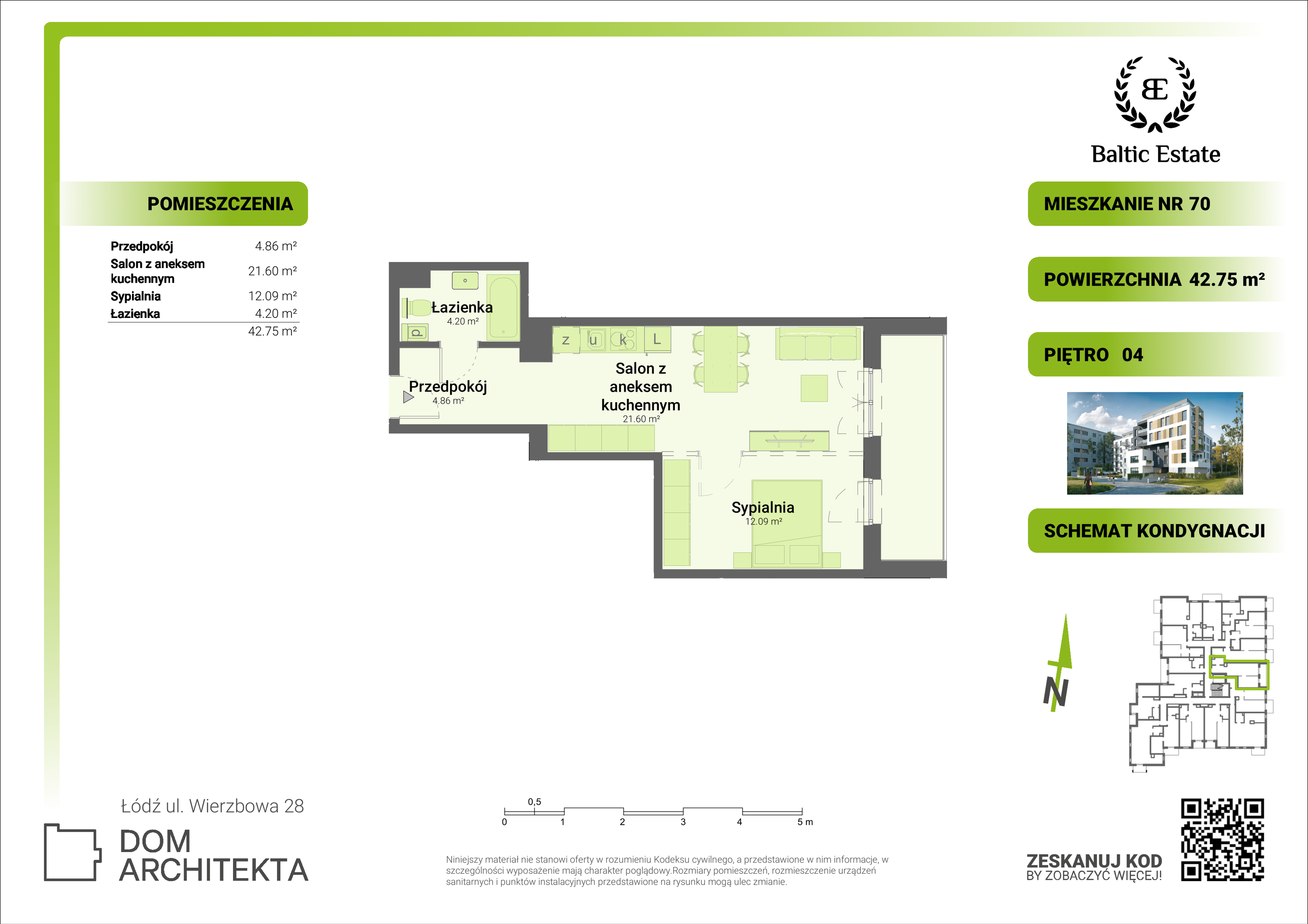 Mieszkanie 42,75 m², piętro 4, oferta nr 04.M.70, Dom Architekta , Łódź, Śródmieście, Śródmieście, ul. Wierzbowa 28-idx