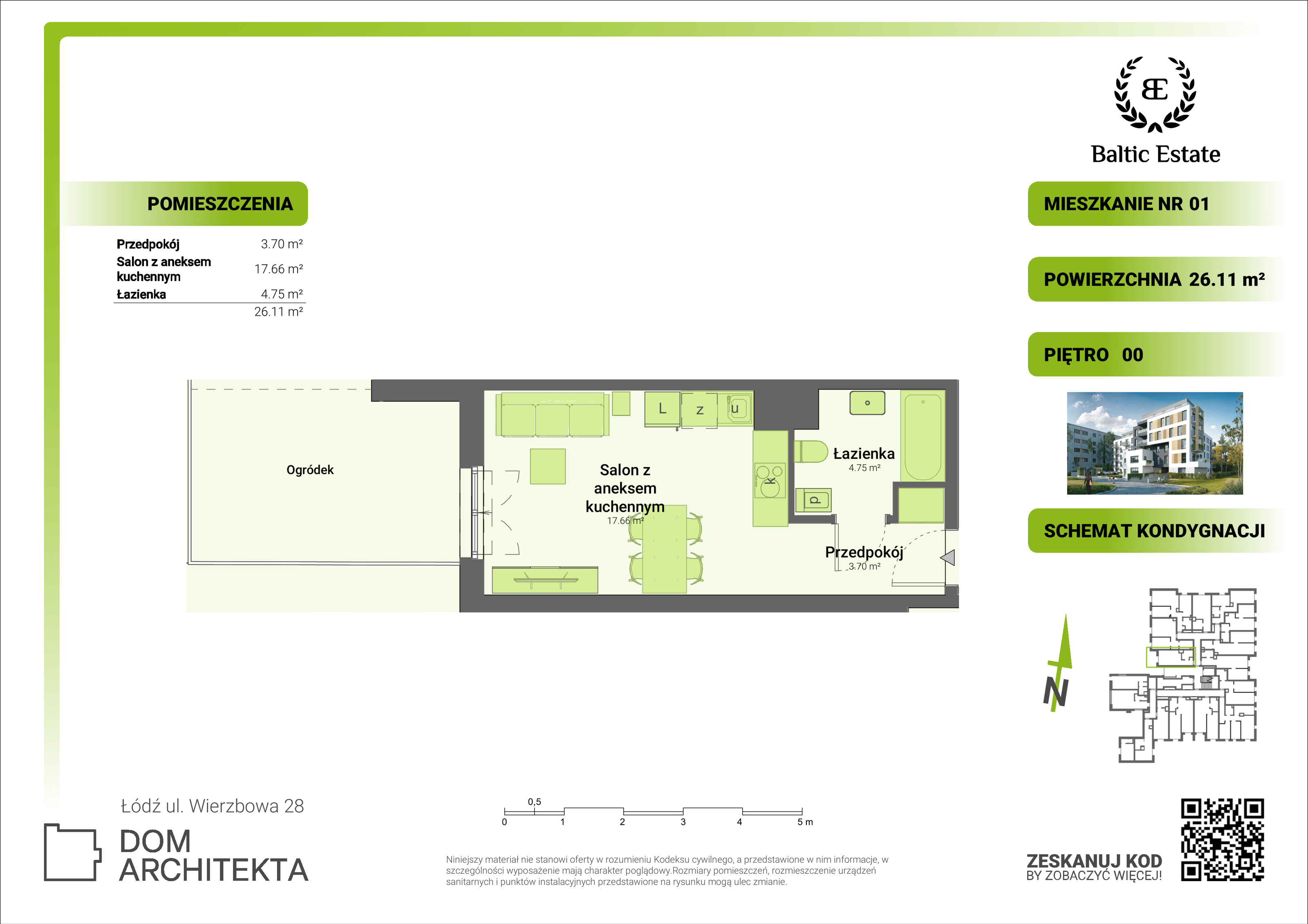 Mieszkanie 26,11 m², parter, oferta nr 00.M.01, Dom Architekta , Łódź, Śródmieście, Śródmieście, ul. Wierzbowa 28-idx