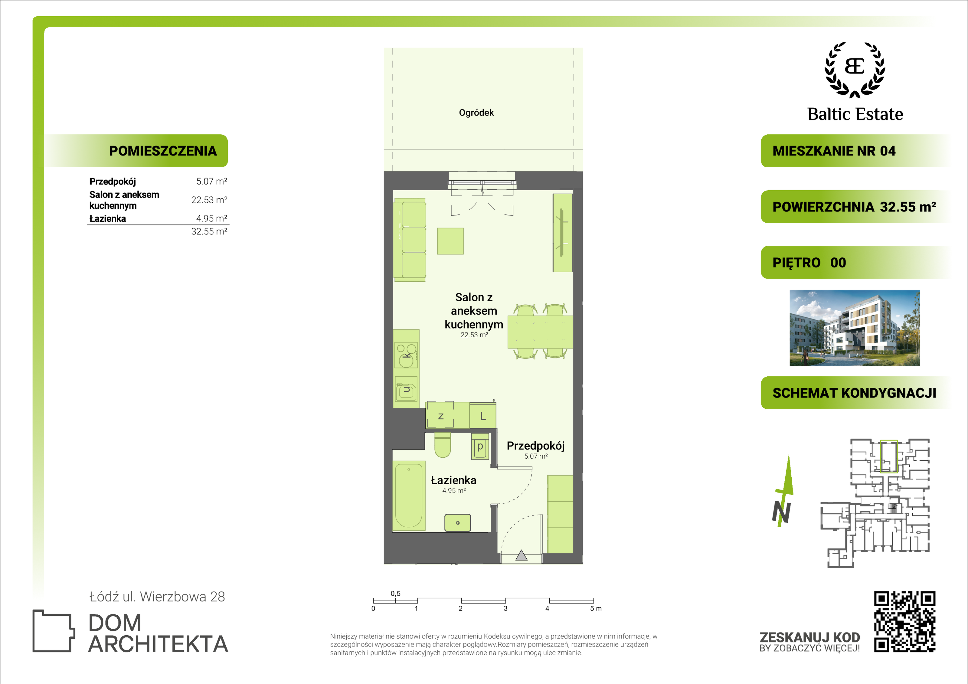 Mieszkanie 32,55 m², parter, oferta nr 00.M.04, Dom Architekta , Łódź, Śródmieście, Śródmieście, ul. Wierzbowa 28-idx