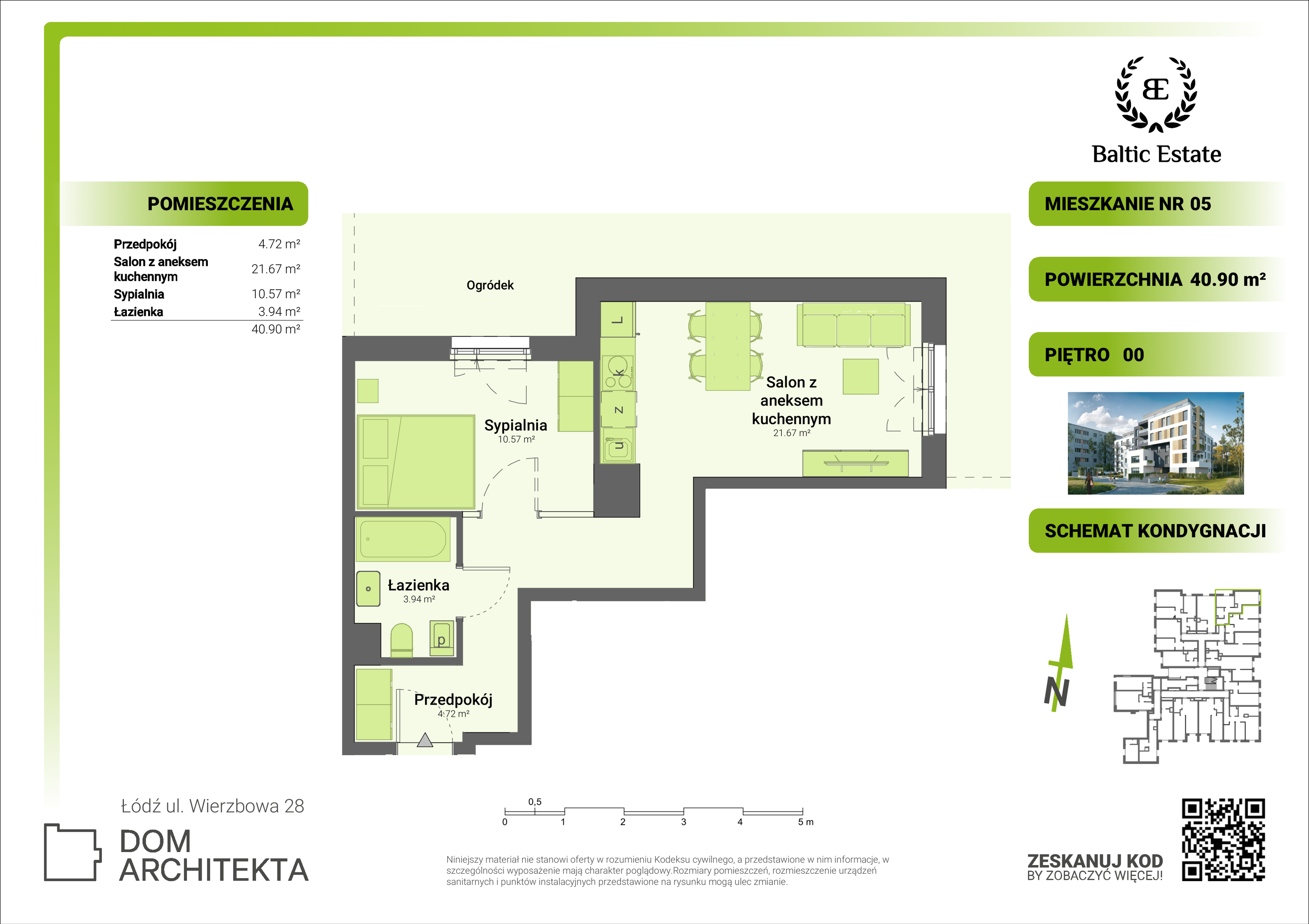 Mieszkanie 40,90 m², parter, oferta nr 00.M.05, Dom Architekta , Łódź, Śródmieście, Śródmieście, ul. Wierzbowa 28-idx