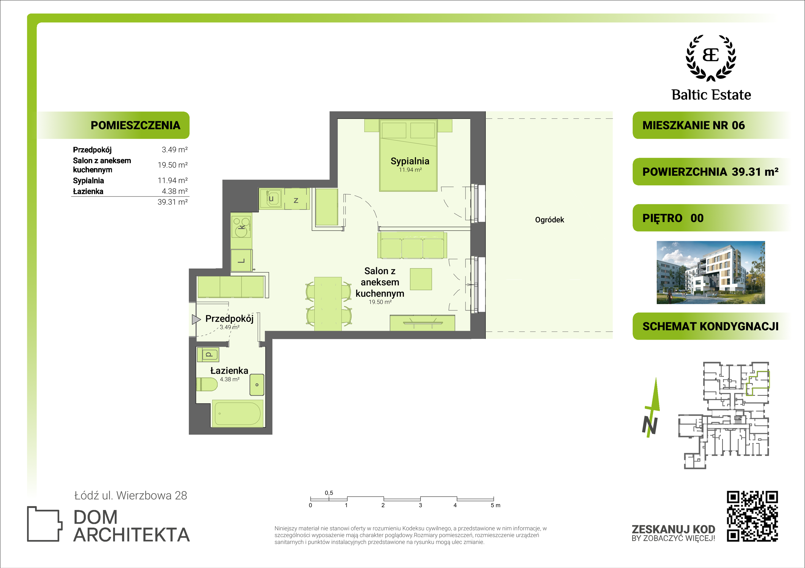 Mieszkanie 39,31 m², parter, oferta nr 00.M.06, Dom Architekta , Łódź, Śródmieście, Śródmieście, ul. Wierzbowa 28-idx