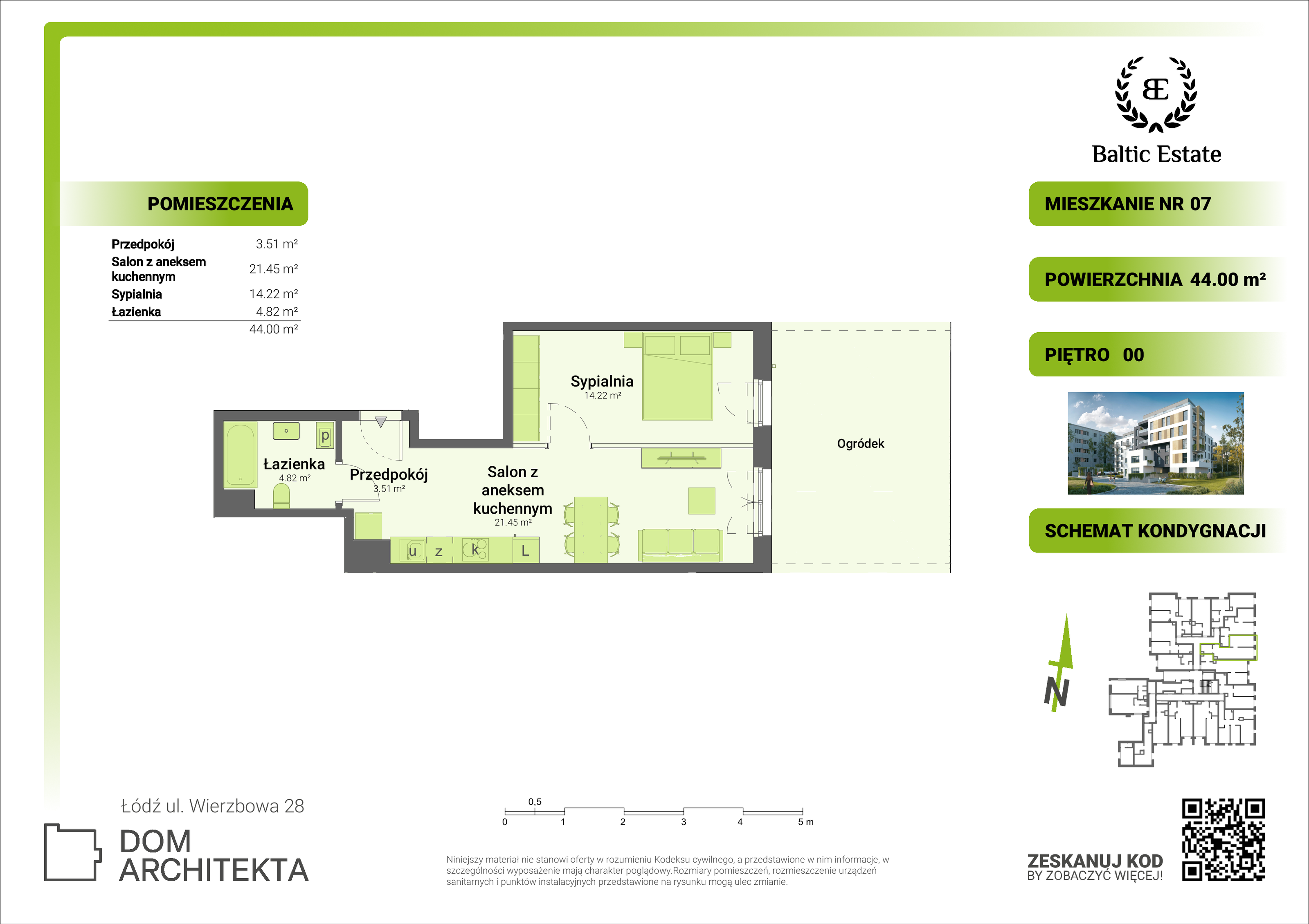 Mieszkanie 44,00 m², parter, oferta nr 00.M.07, Dom Architekta , Łódź, Śródmieście, Śródmieście, ul. Wierzbowa 28-idx