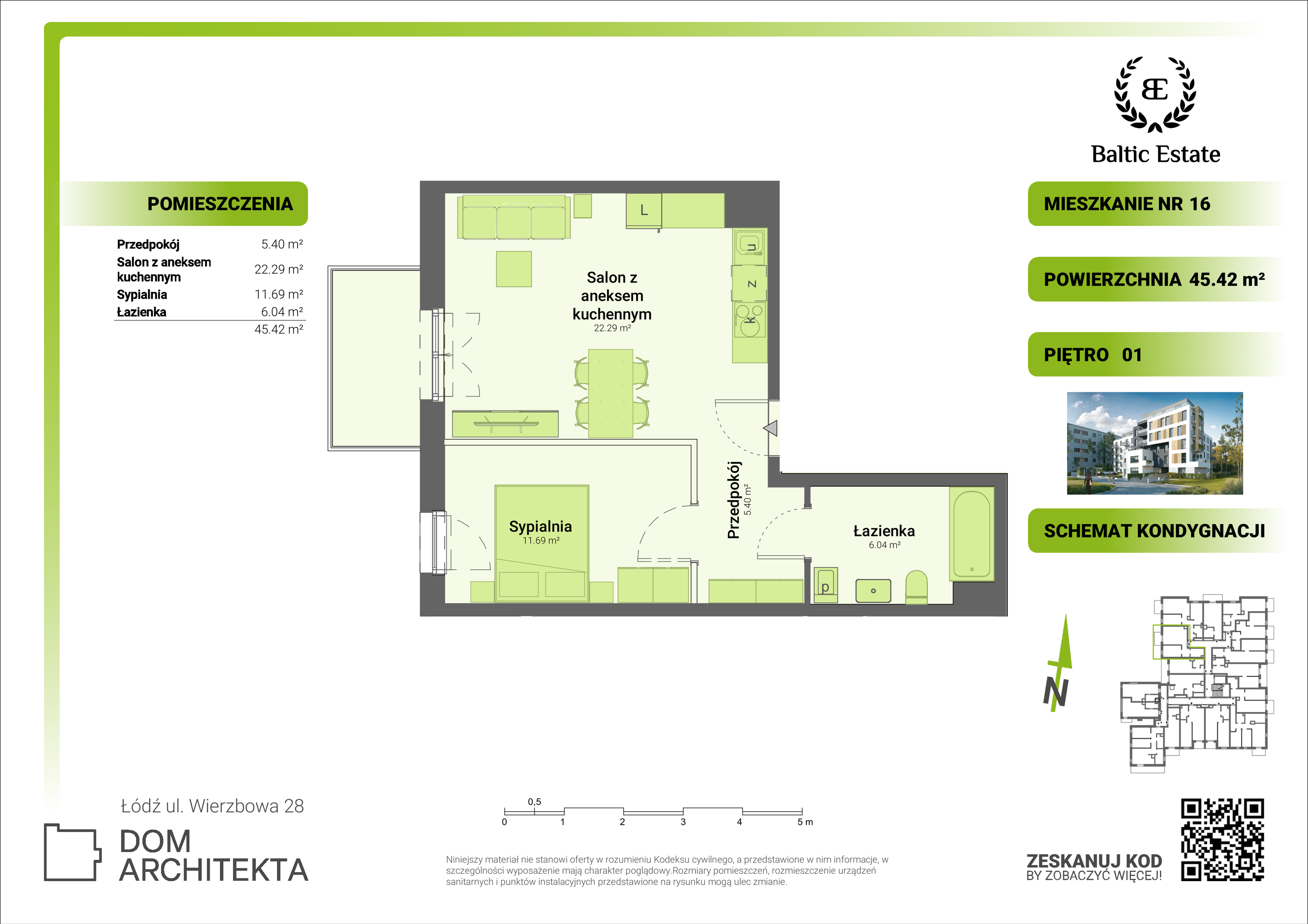 Mieszkanie 45,42 m², piętro 1, oferta nr 01.M.16, Dom Architekta , Łódź, Śródmieście, Śródmieście, ul. Wierzbowa 28-idx