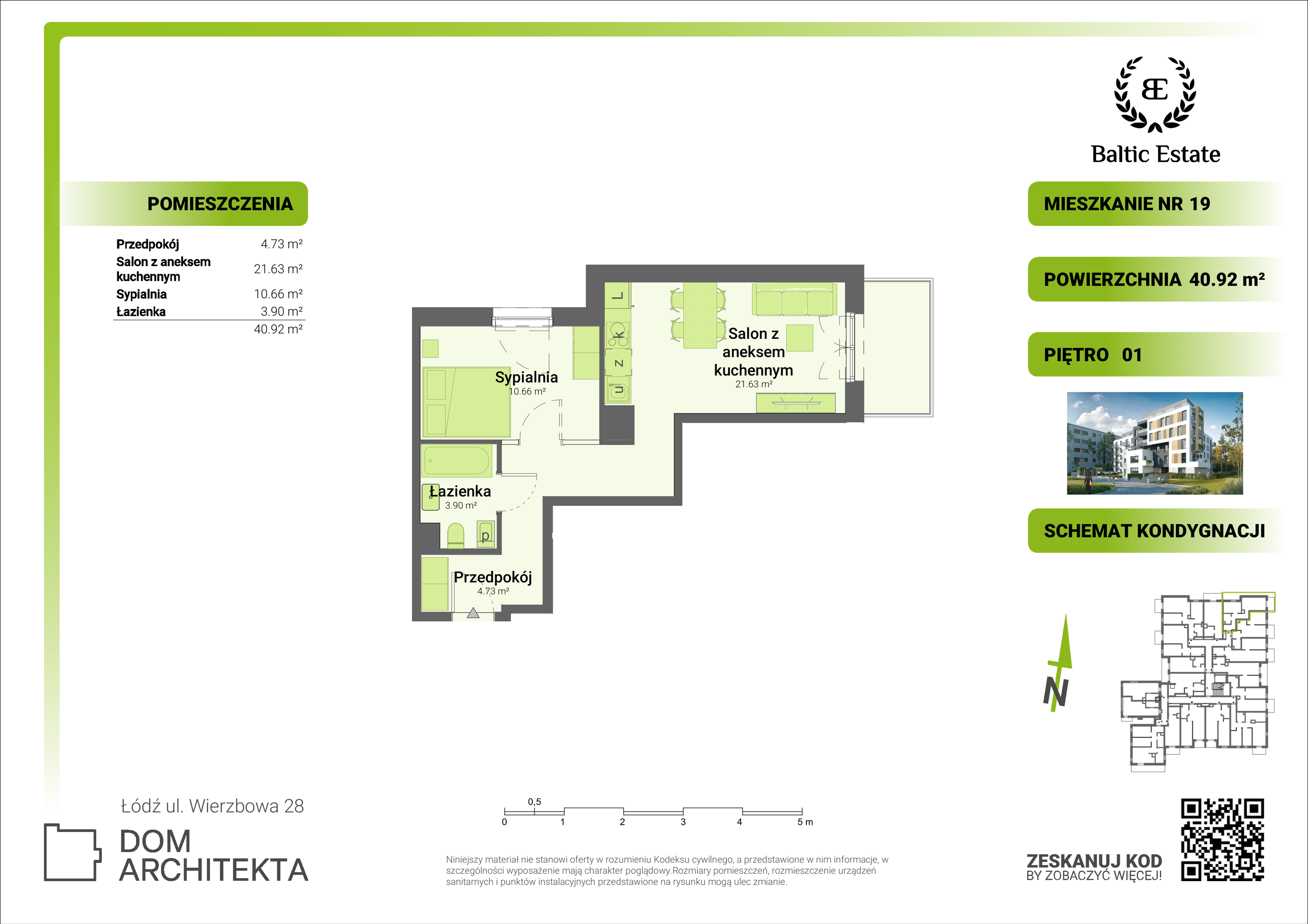 Mieszkanie 40,92 m², piętro 1, oferta nr 01.M.19, Dom Architekta , Łódź, Śródmieście, Śródmieście, ul. Wierzbowa 28-idx