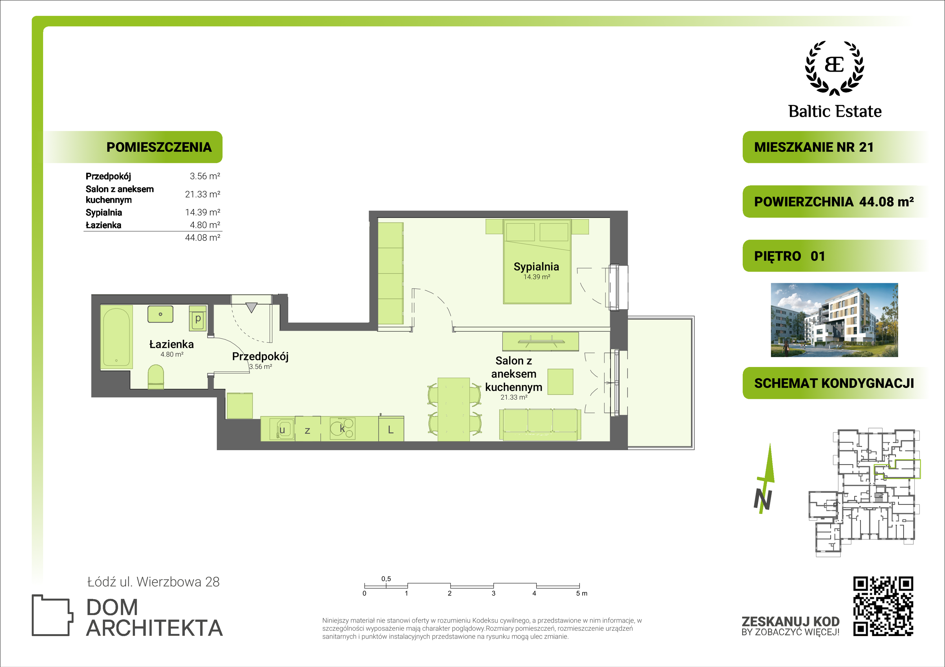 Mieszkanie 44,08 m², piętro 1, oferta nr 01.M.21, Dom Architekta , Łódź, Śródmieście, Śródmieście, ul. Wierzbowa 28-idx