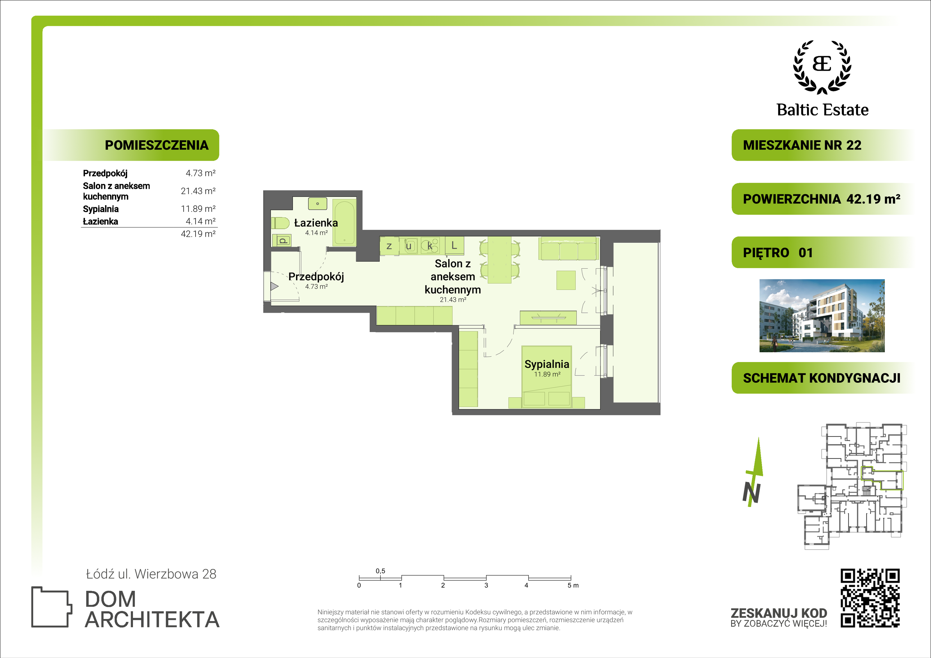 Mieszkanie 42,19 m², piętro 1, oferta nr 01.M.22, Dom Architekta , Łódź, Śródmieście, Śródmieście, ul. Wierzbowa 28-idx