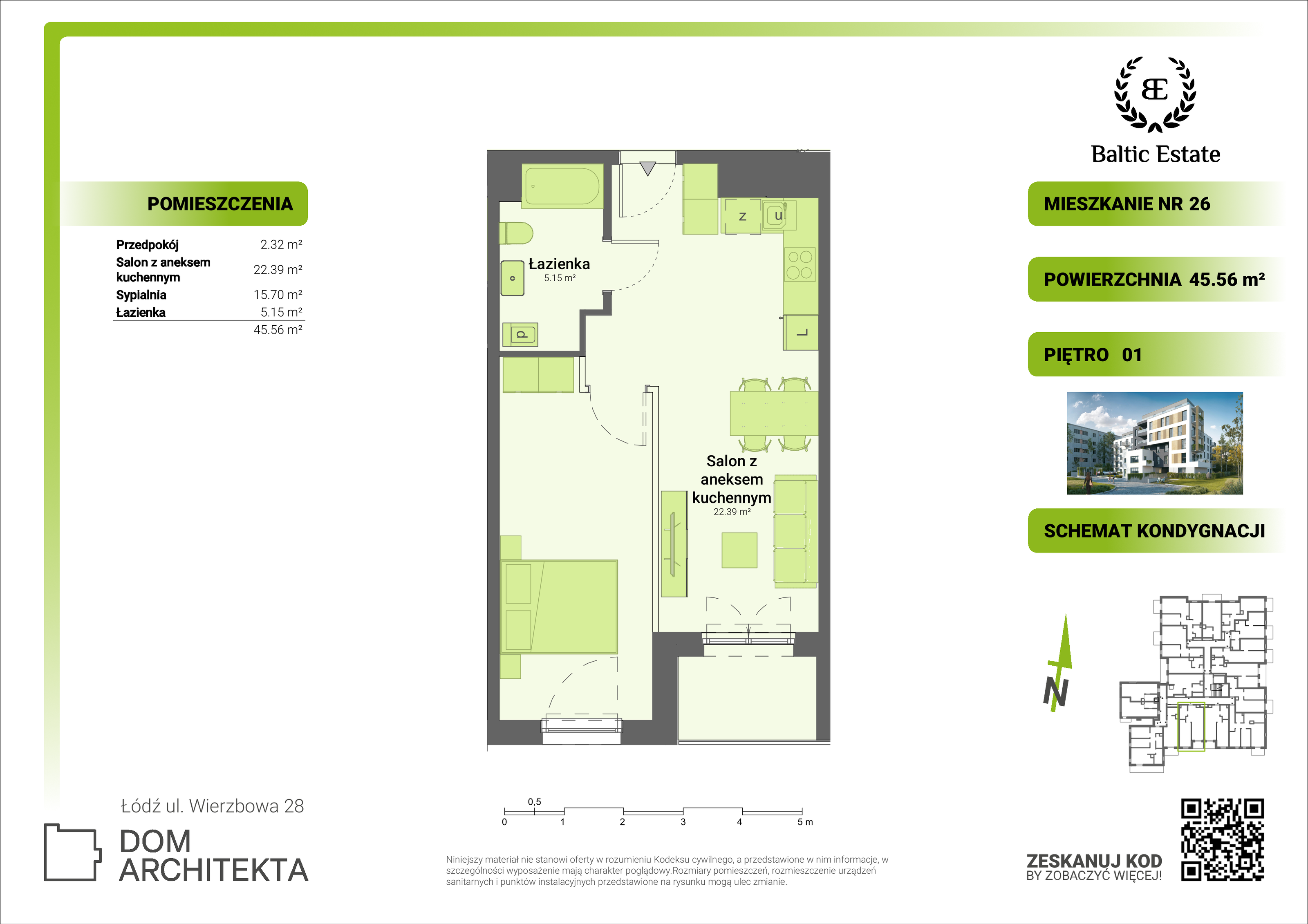 Mieszkanie 45,56 m², piętro 1, oferta nr 01.M.26, Dom Architekta , Łódź, Śródmieście, Śródmieście, ul. Wierzbowa 28-idx