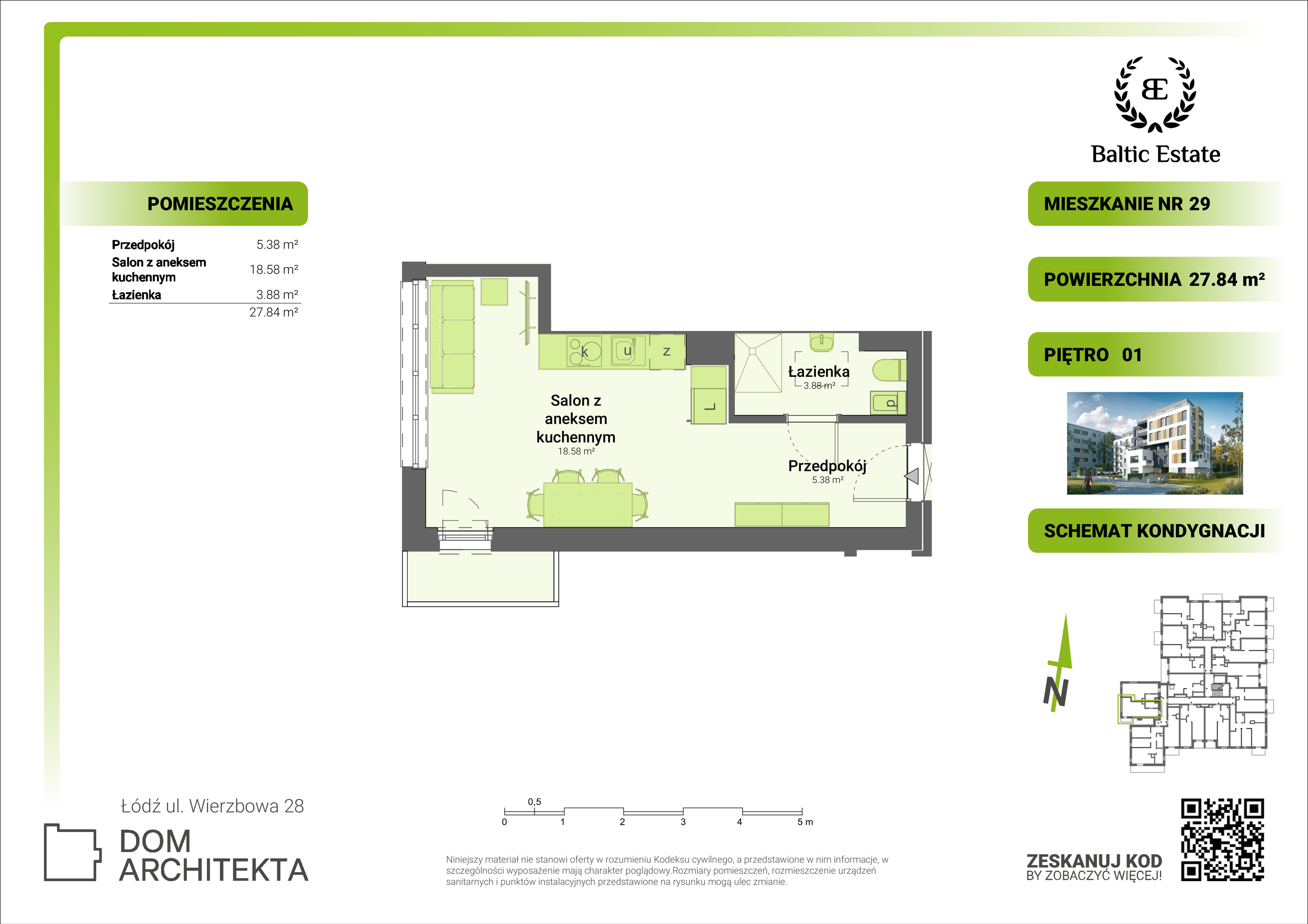 Mieszkanie 27,84 m², piętro 1, oferta nr 01.M.29, Dom Architekta , Łódź, Śródmieście, Śródmieście, ul. Wierzbowa 28-idx