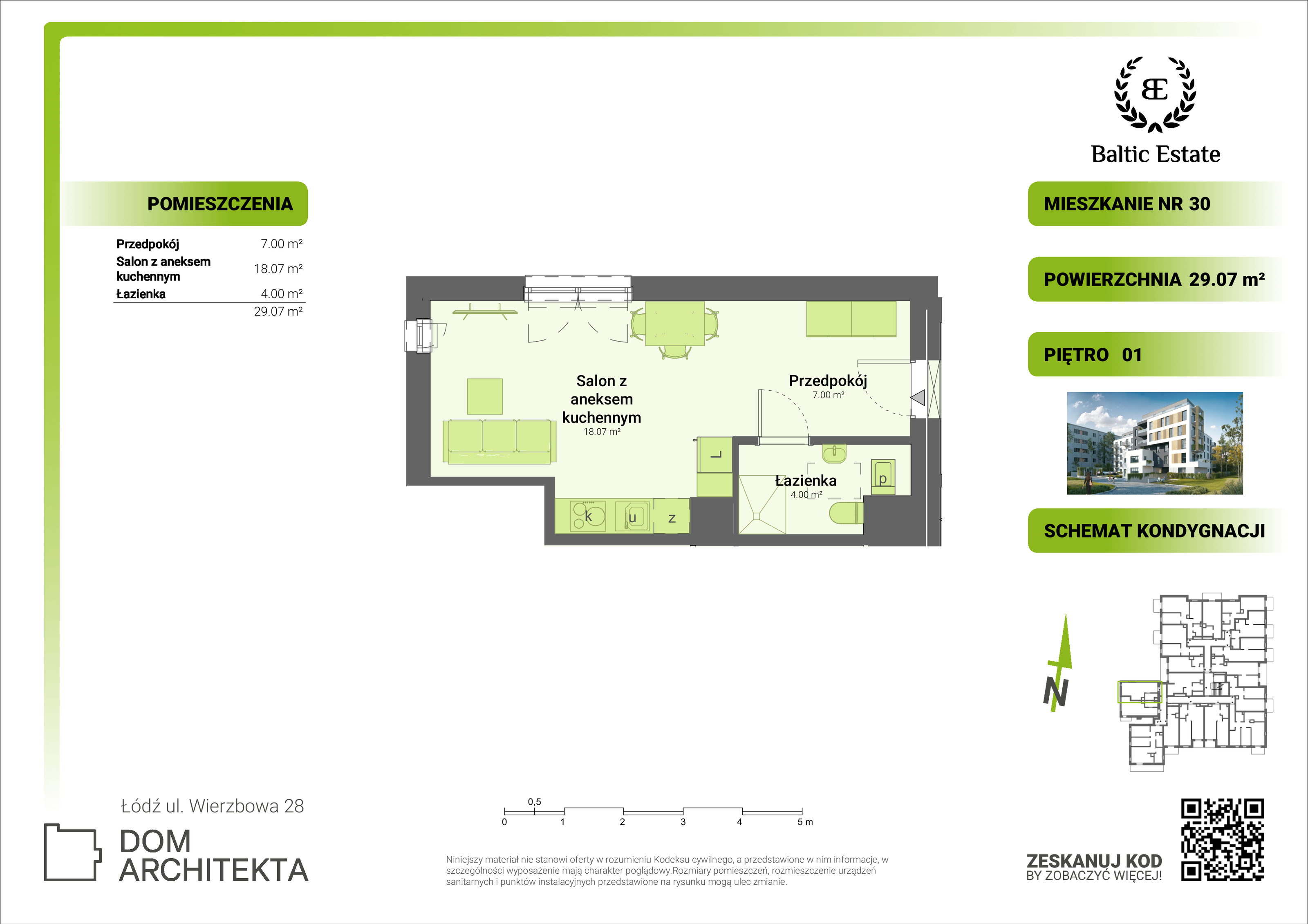 Mieszkanie 29,07 m², piętro 1, oferta nr 01.M.30, Dom Architekta , Łódź, Śródmieście, Śródmieście, ul. Wierzbowa 28-idx