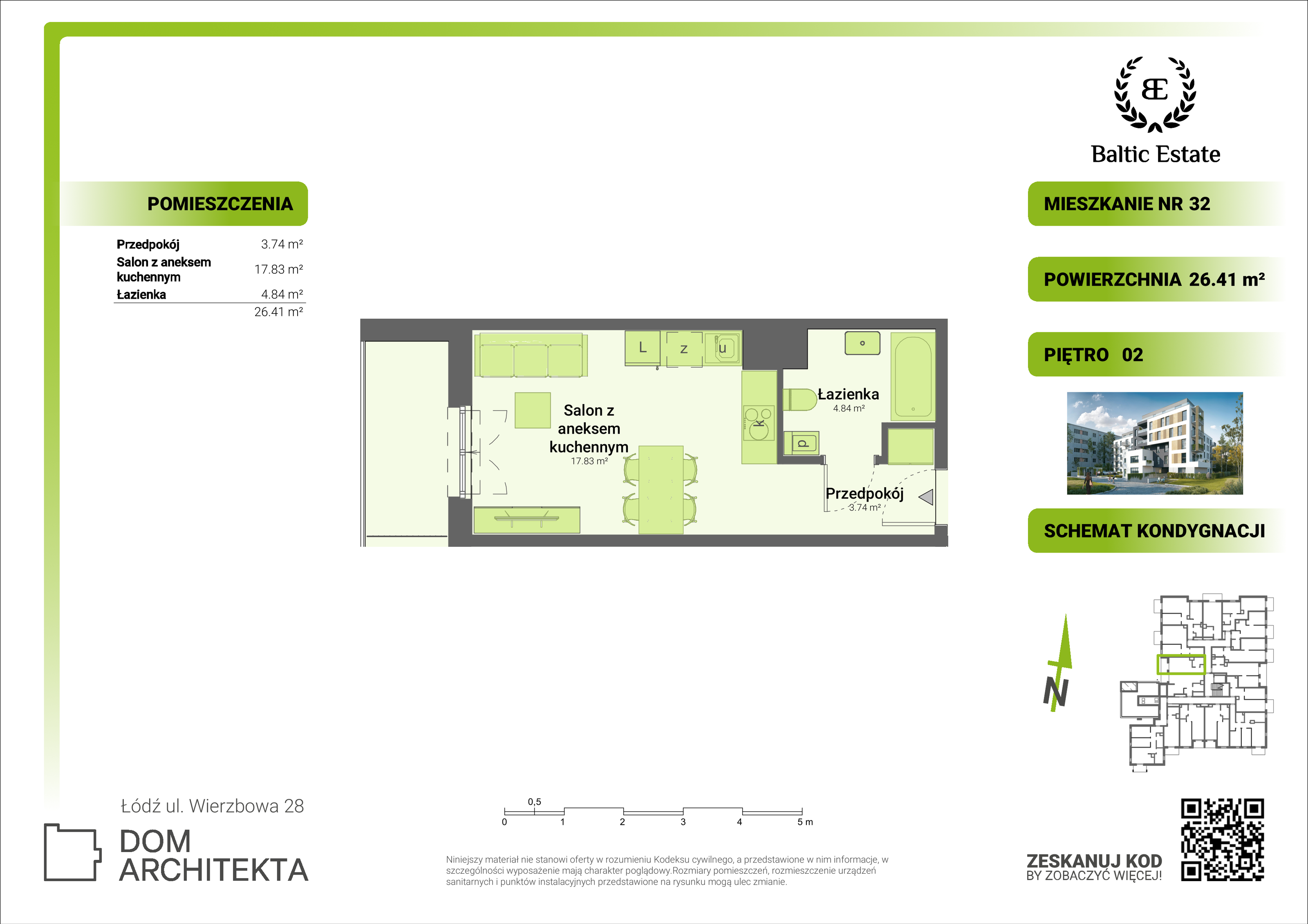 Mieszkanie 26,41 m², piętro 2, oferta nr 02.M.32, Dom Architekta , Łódź, Śródmieście, Śródmieście, ul. Wierzbowa 28-idx