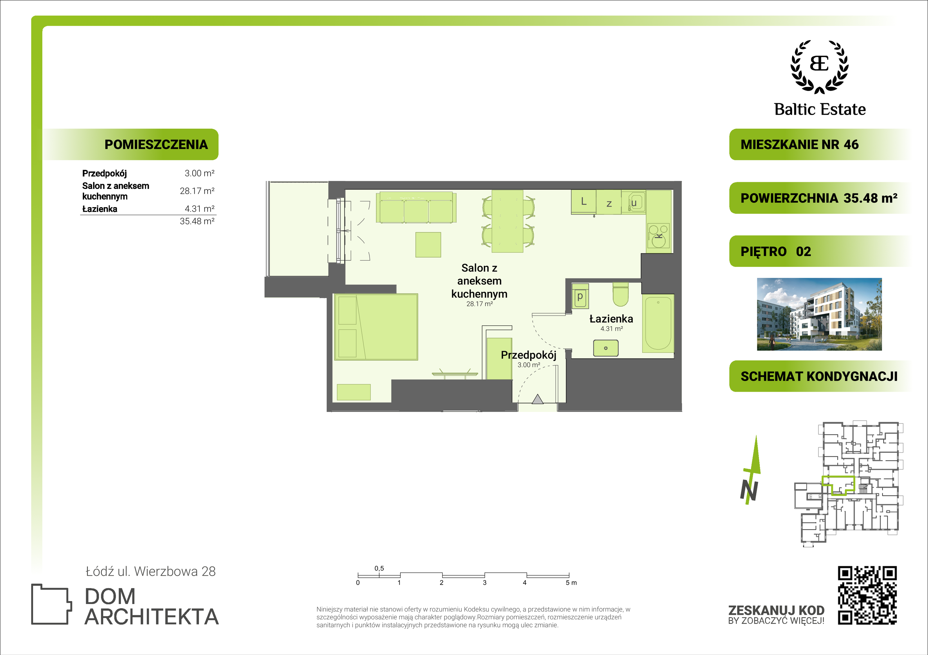 Mieszkanie 35,48 m², piętro 2, oferta nr 02.M.46, Dom Architekta , Łódź, Śródmieście, Śródmieście, ul. Wierzbowa 28-idx