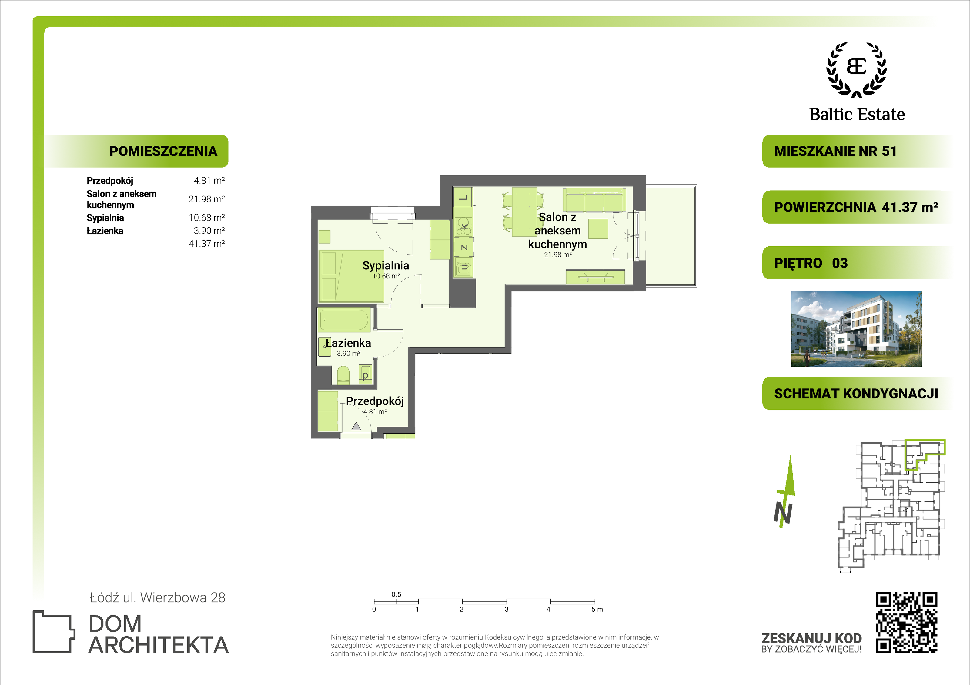 Mieszkanie 41,37 m², piętro 3, oferta nr 03.M.51, Dom Architekta , Łódź, Śródmieście, Śródmieście, ul. Wierzbowa 28-idx