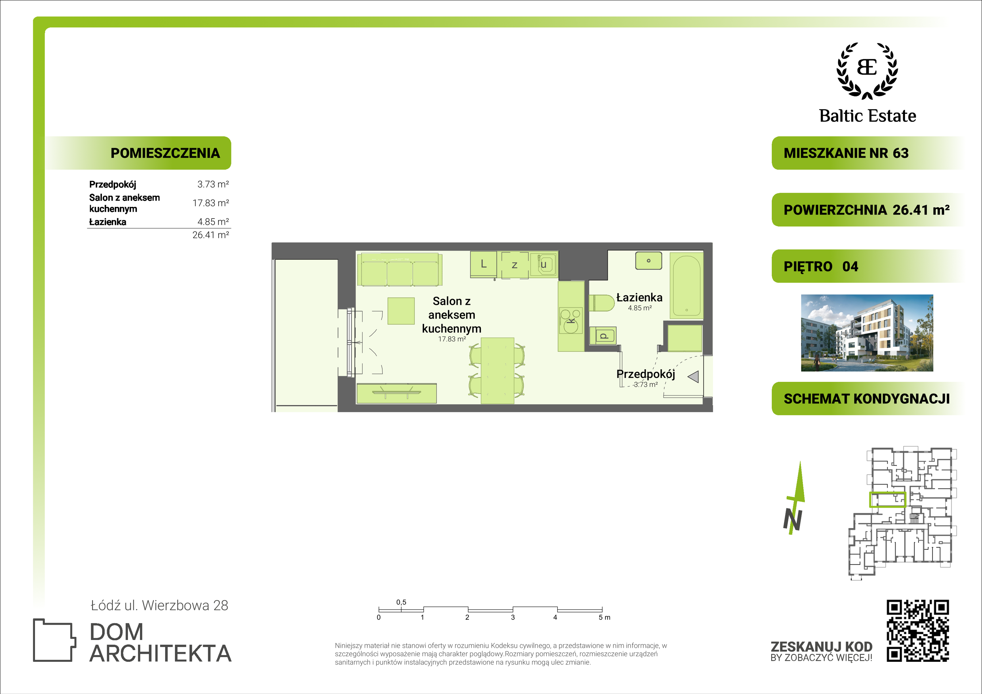 Mieszkanie 26,41 m², piętro 4, oferta nr 04.M.63, Dom Architekta , Łódź, Śródmieście, Śródmieście, ul. Wierzbowa 28-idx