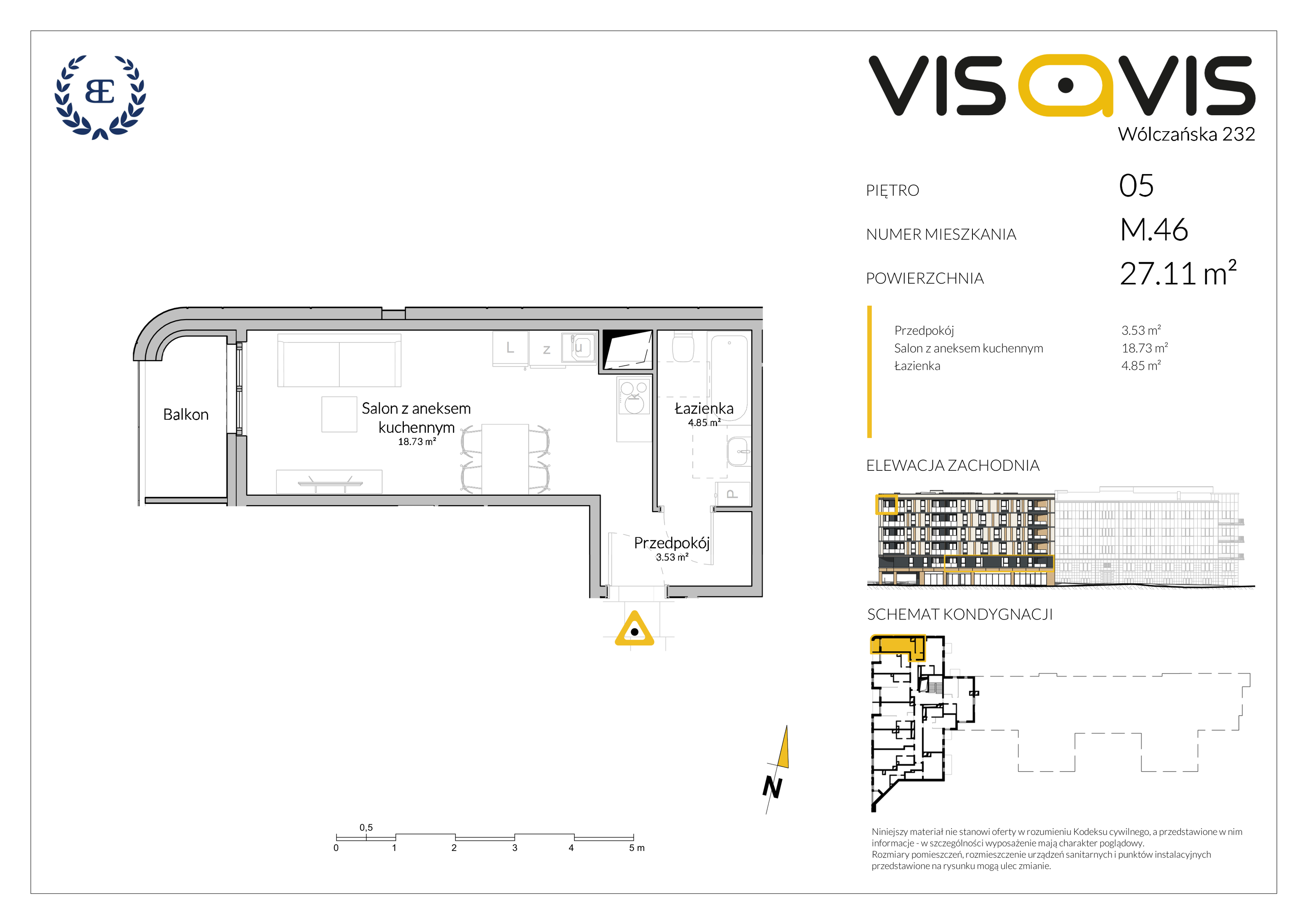 Apartament 27,10 m², piętro 5, oferta nr 05.M.46, Visavis, Łódź, Śródmieście, Śródmieście, ul. Wólczańska 232-idx