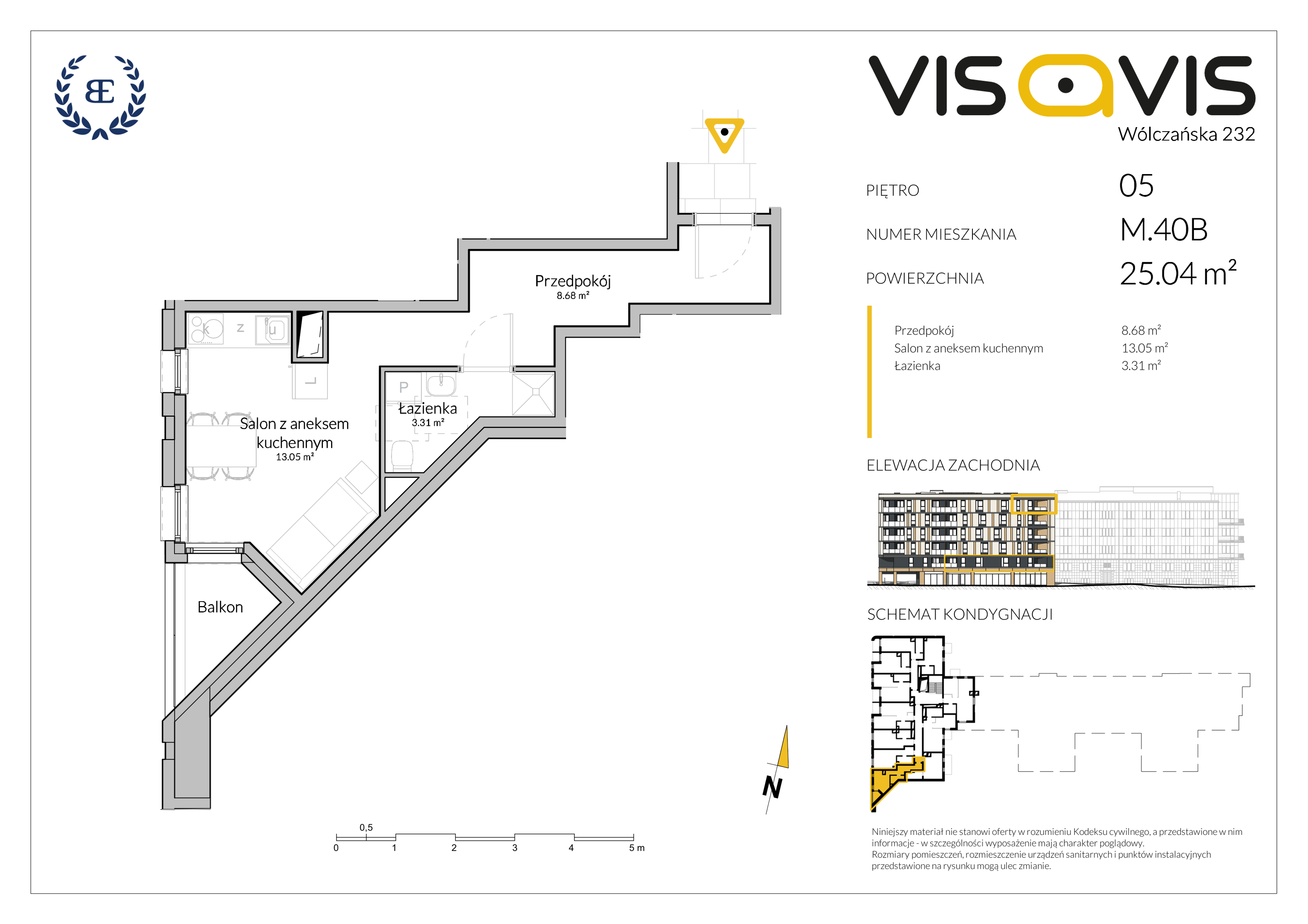 Apartament 25,04 m², piętro 5, oferta nr 05.M.40B, Visavis, Łódź, Śródmieście, Śródmieście, ul. Wólczańska 232-idx