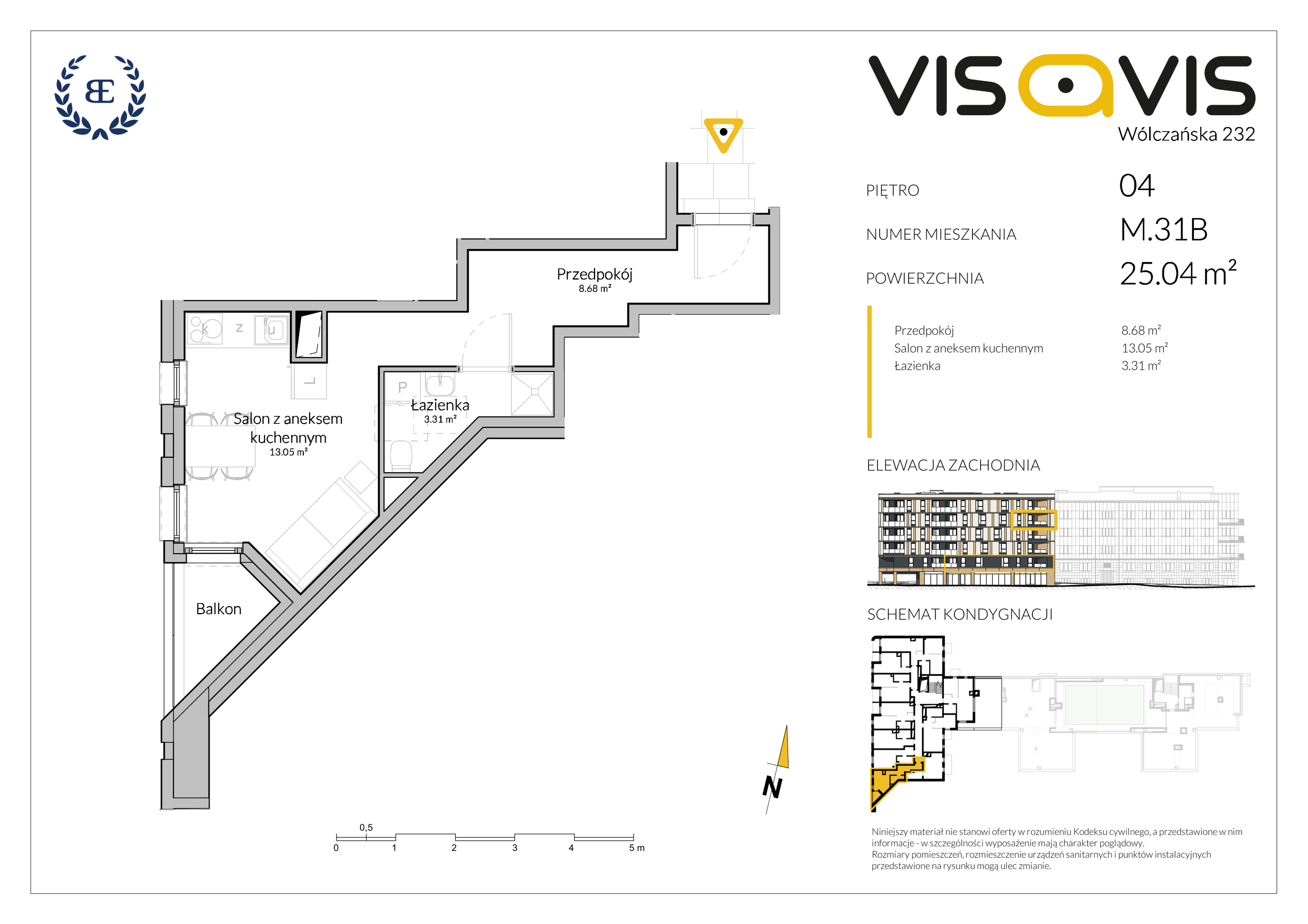 Mieszkanie 25,04 m², piętro 4, oferta nr 04.M.31B, Visavis, Łódź, Śródmieście, Śródmieście, ul. Wólczańska 232-idx