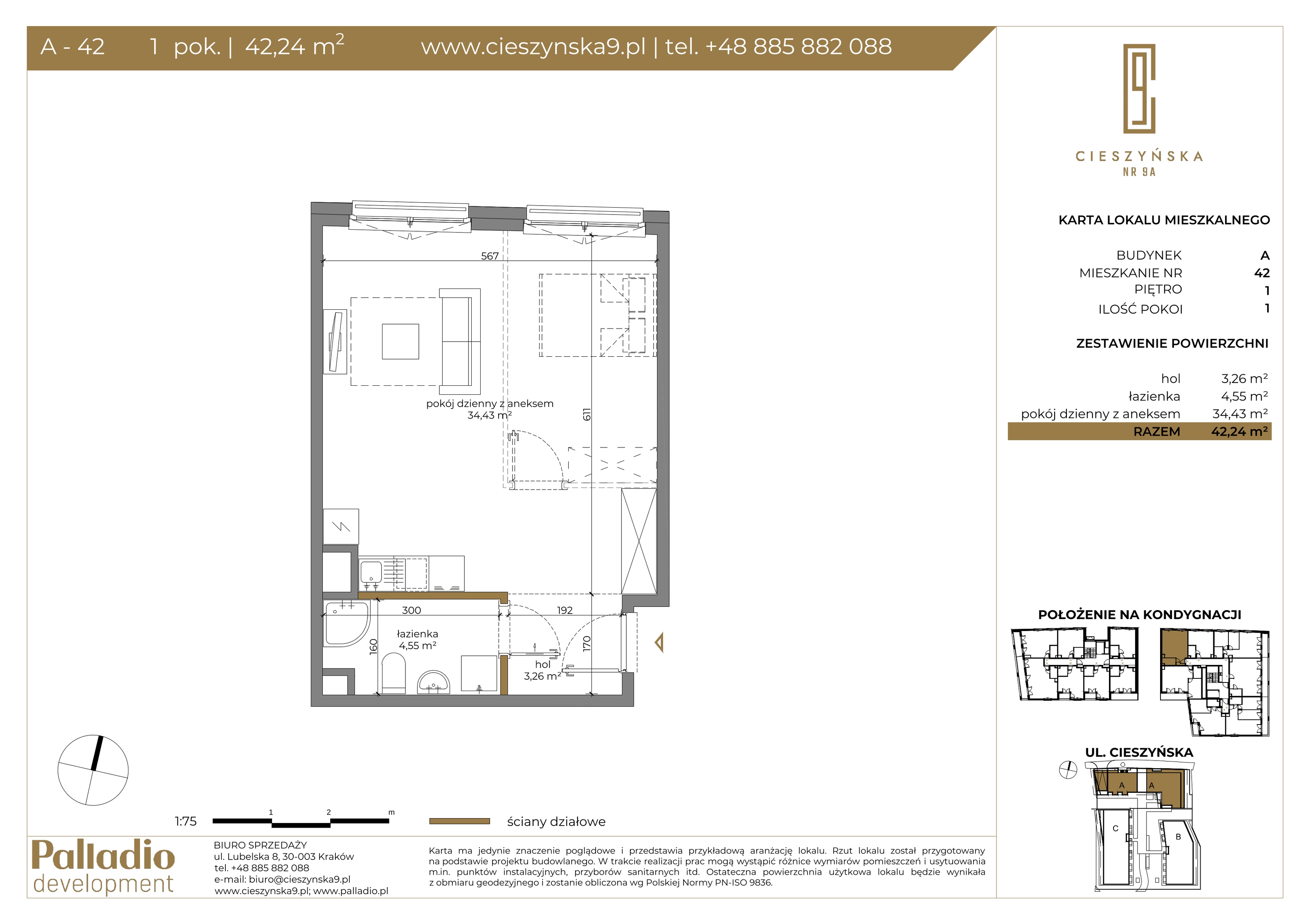 Apartament 42,25 m², piętro 1, oferta nr A-42, Cieszyńska 9, Kraków, Krowodrza, Łobzów, ul. Cieszyńska 9-idx