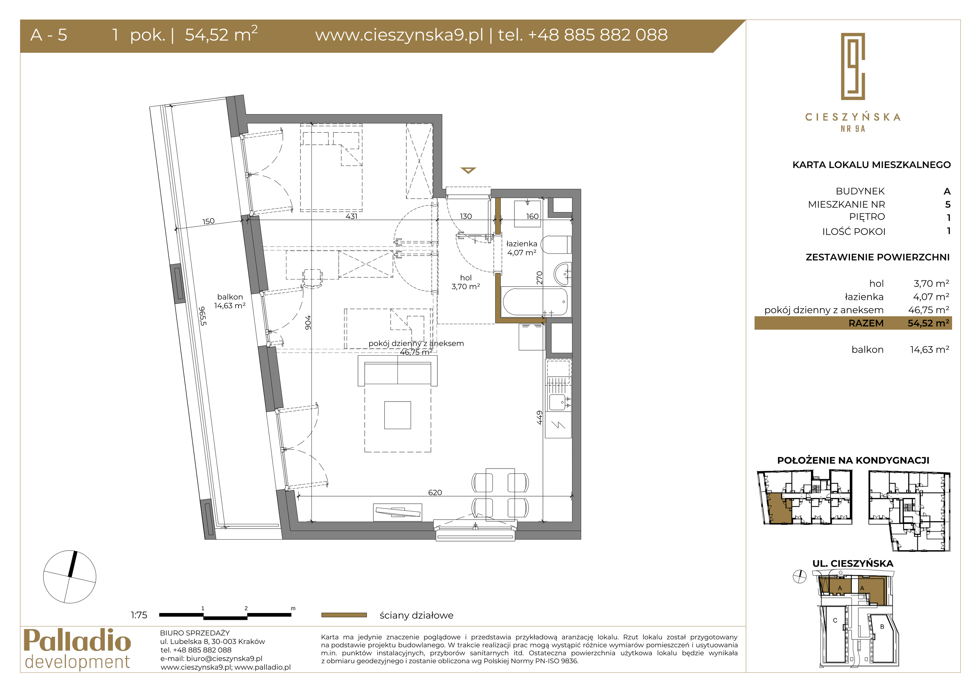 Apartament 54,52 m², piętro 1, oferta nr A-5, Cieszyńska 9, Kraków, Krowodrza, Łobzów, ul. Cieszyńska 9-idx