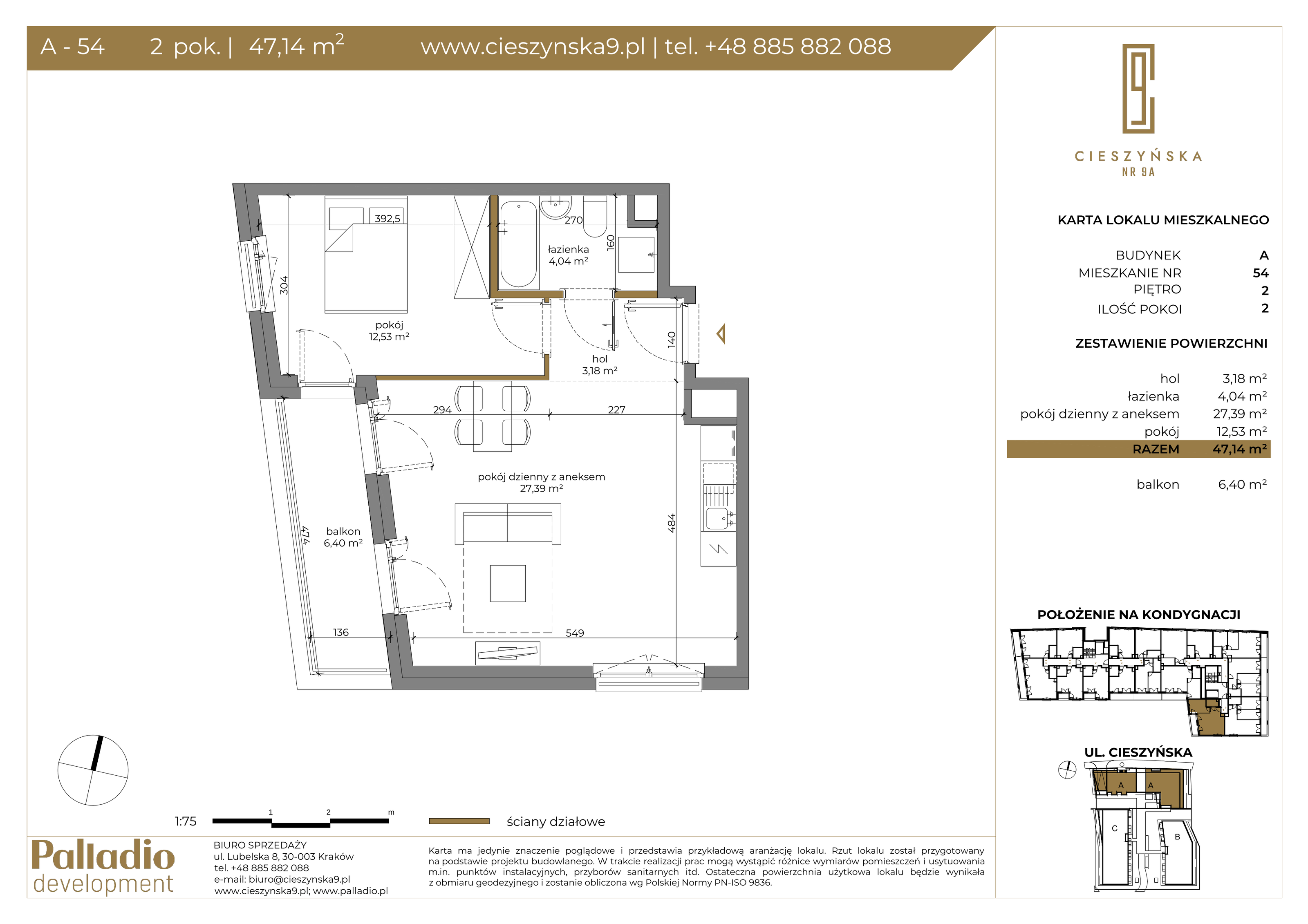 Mieszkanie 47,09 m², piętro 2, oferta nr A-54, Cieszyńska 9, Kraków, Krowodrza, Łobzów, ul. Cieszyńska 9-idx