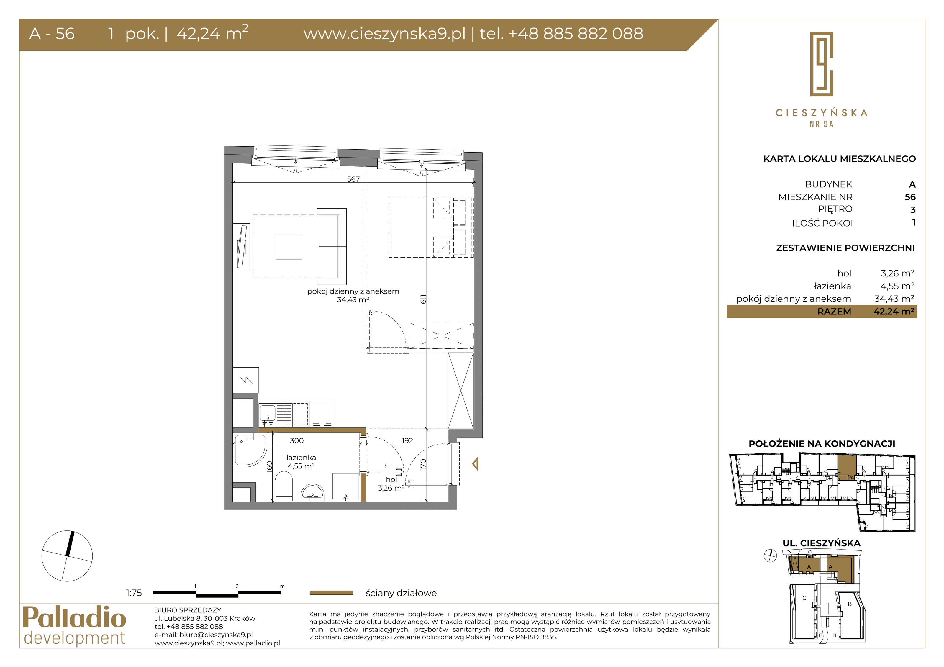 Apartament 42,16 m², piętro 3, oferta nr A-56, Cieszyńska 9, Kraków, Krowodrza, Łobzów, ul. Cieszyńska 9-idx