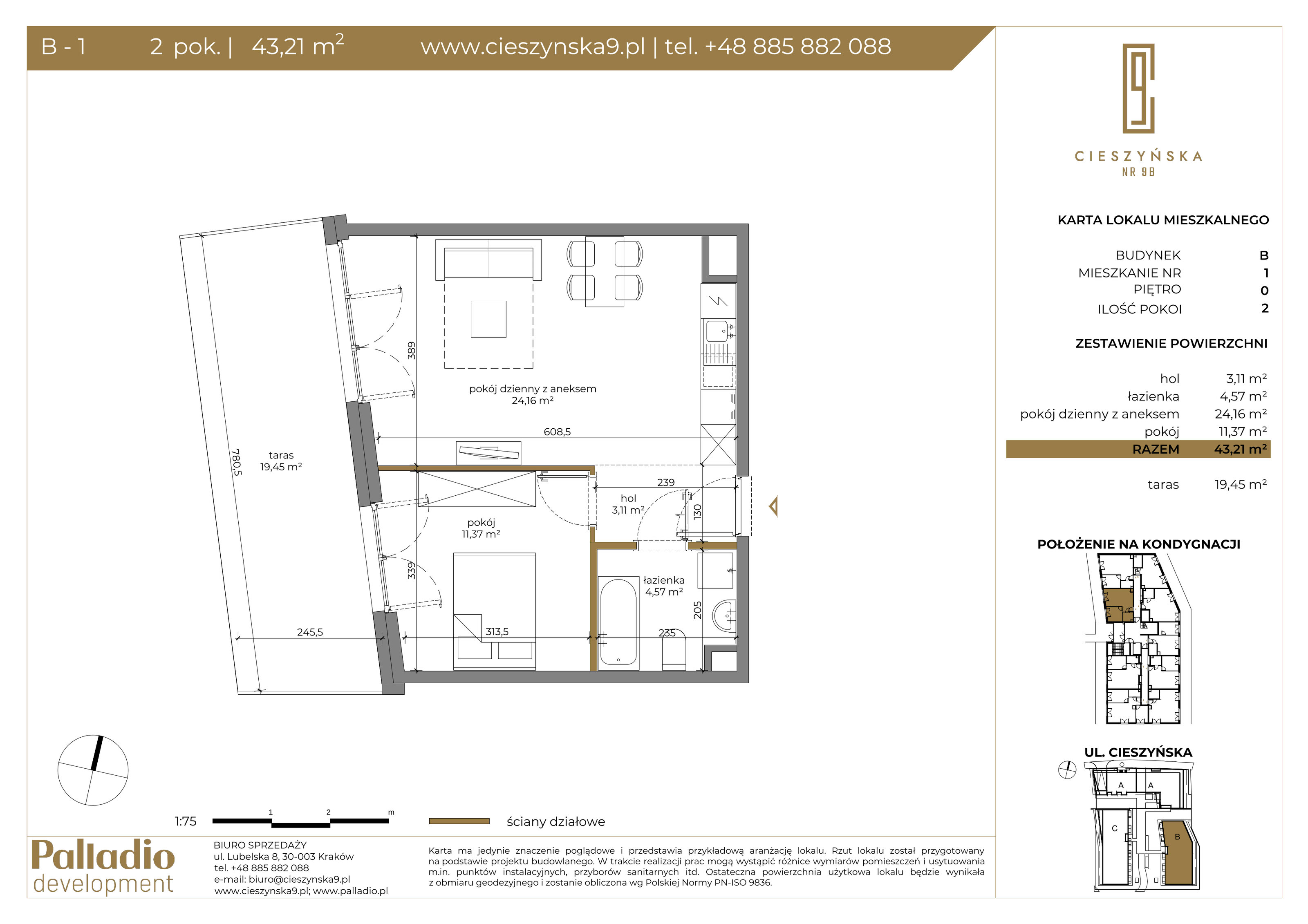 Mieszkanie 43,21 m², parter, oferta nr B-1, Cieszyńska 9, Kraków, Krowodrza, Łobzów, ul. Cieszyńska 9-idx