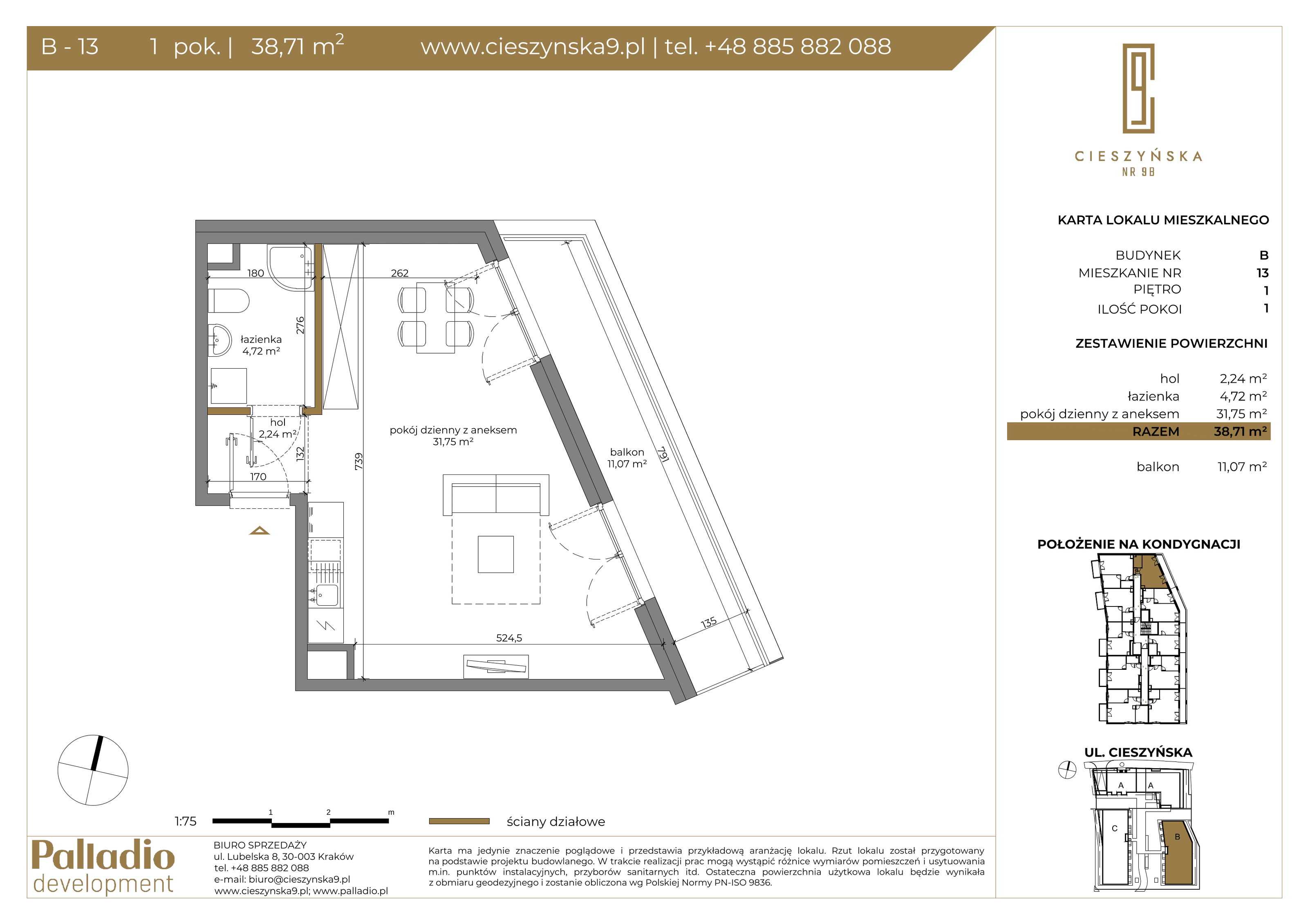 Mieszkanie 38,71 m², piętro 1, oferta nr B-13, Cieszyńska 9, Kraków, Krowodrza, Łobzów, ul. Cieszyńska 9-idx