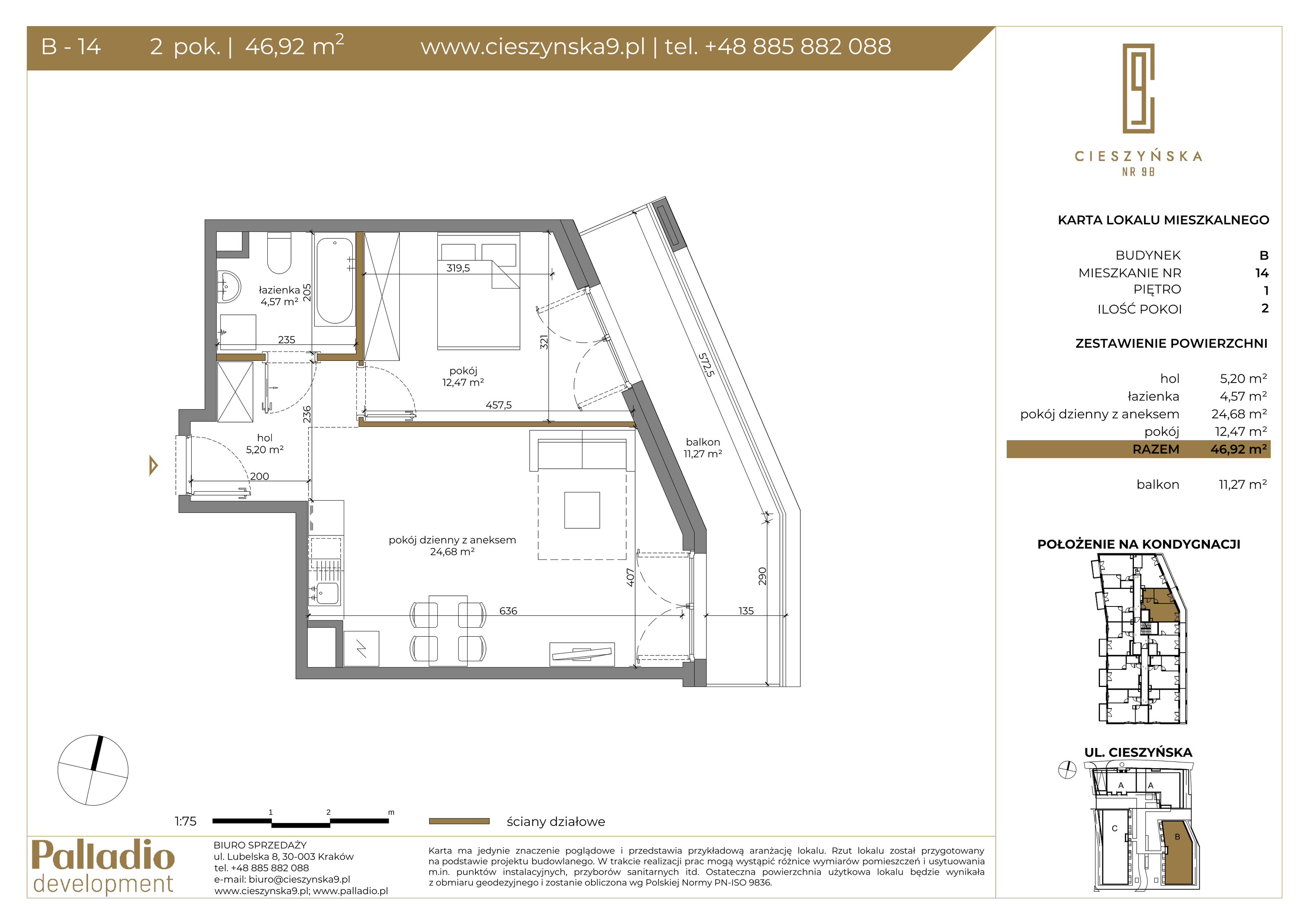 Apartament 46,92 m², piętro 1, oferta nr B-14, Cieszyńska 9, Kraków, Krowodrza, Łobzów, ul. Cieszyńska 9-idx