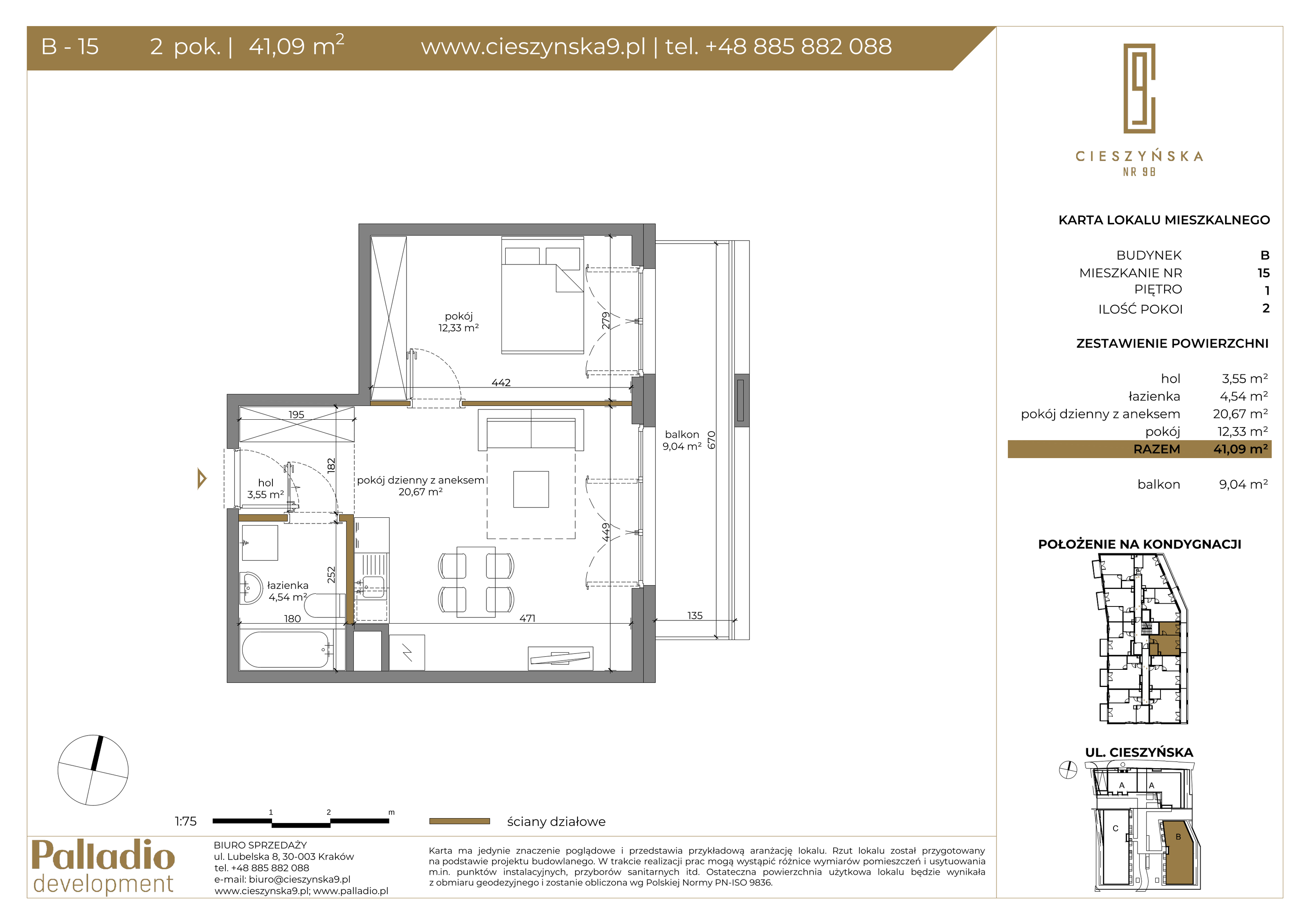 Mieszkanie 41,09 m², piętro 1, oferta nr B-15, Cieszyńska 9, Kraków, Krowodrza, Łobzów, ul. Cieszyńska 9-idx