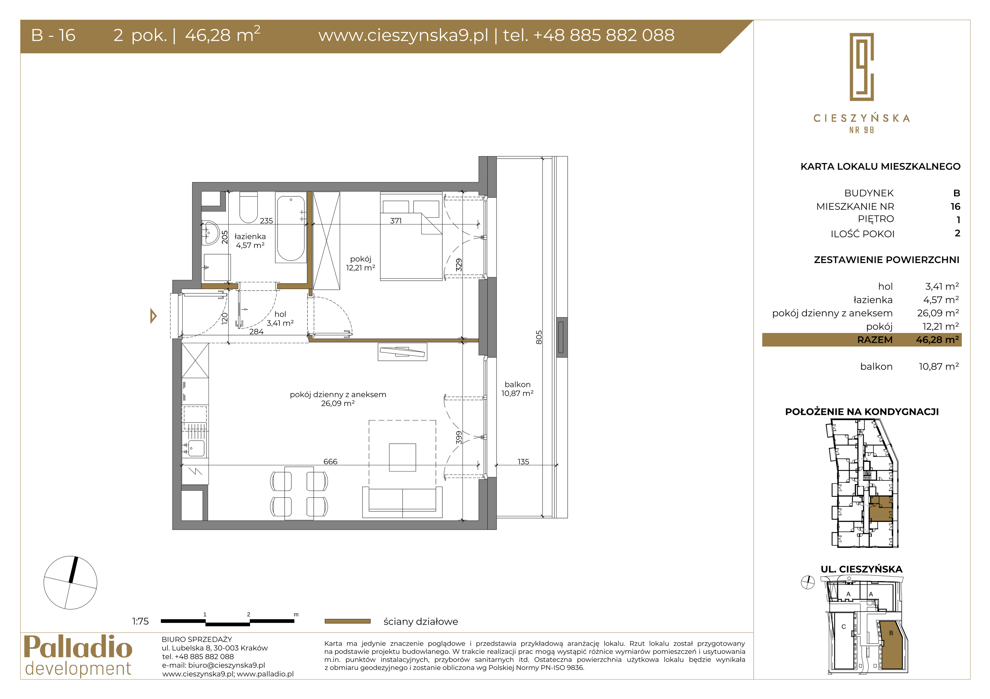 Mieszkanie 46,28 m², piętro 1, oferta nr B-16, Cieszyńska 9, Kraków, Krowodrza, Łobzów, ul. Cieszyńska 9-idx