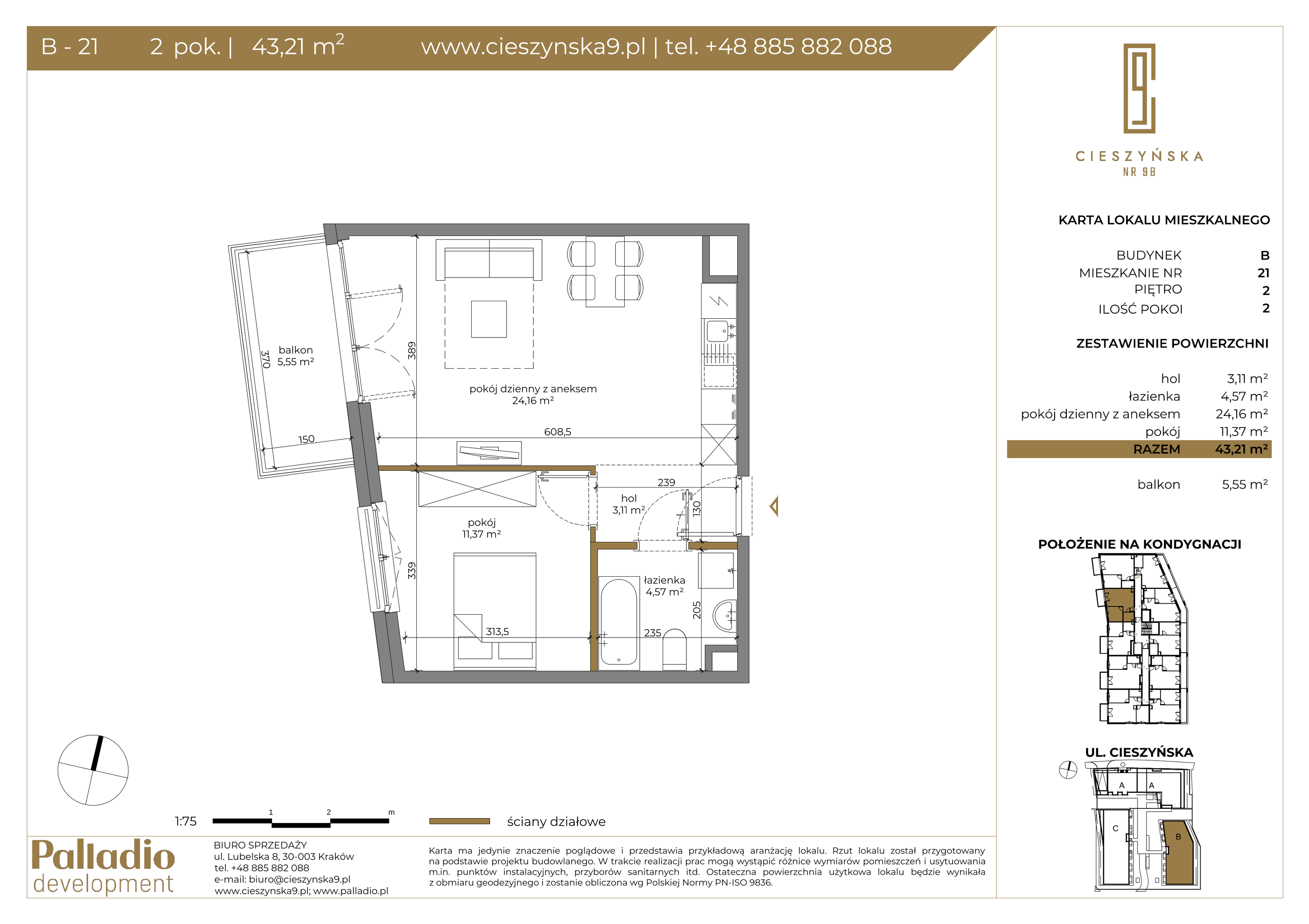 Mieszkanie 43,21 m², piętro 2, oferta nr B-21, Cieszyńska 9, Kraków, Krowodrza, Łobzów, ul. Cieszyńska 9-idx