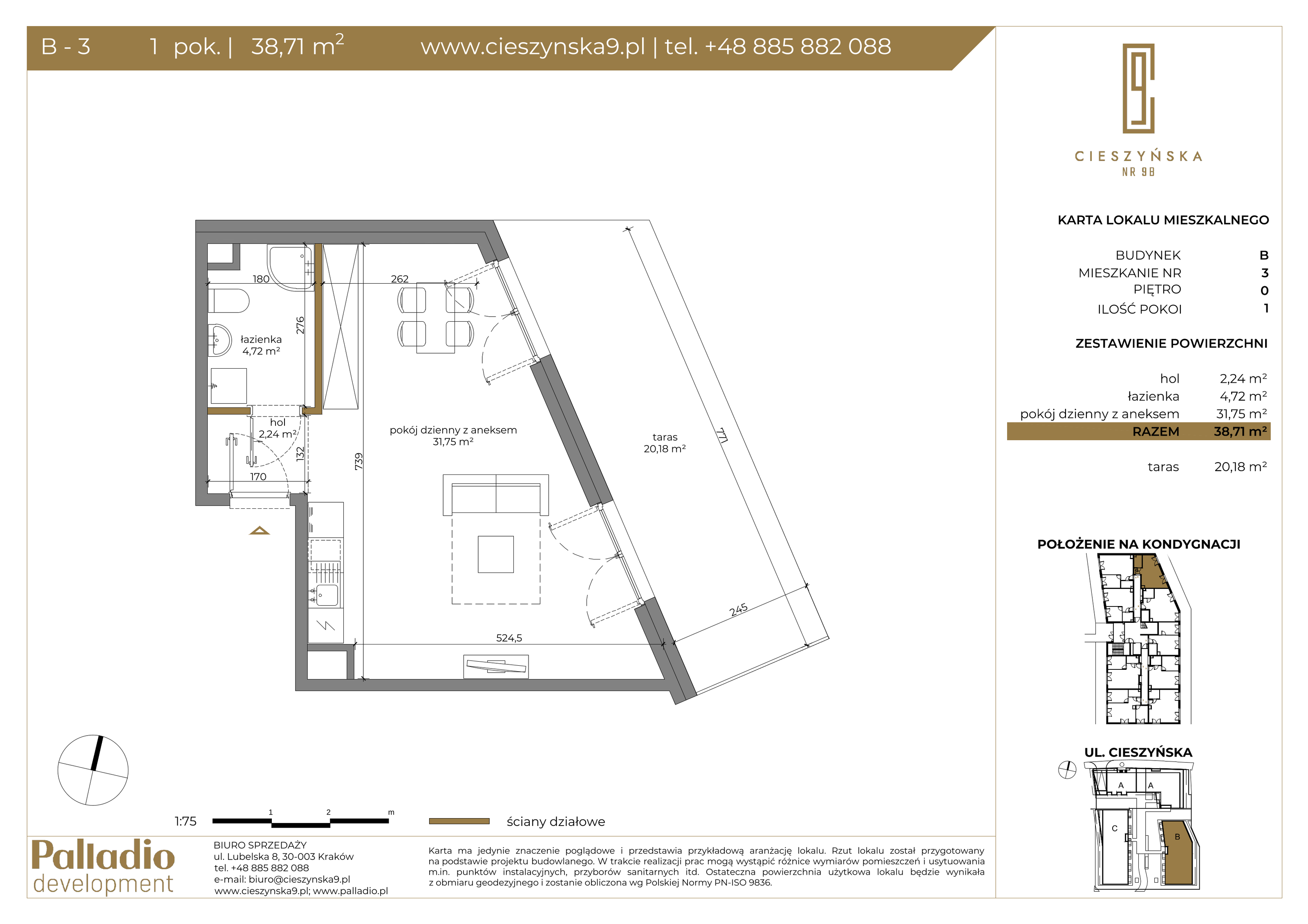 Apartament 38,71 m², parter, oferta nr B-3, Cieszyńska 9, Kraków, Krowodrza, Łobzów, ul. Cieszyńska 9-idx