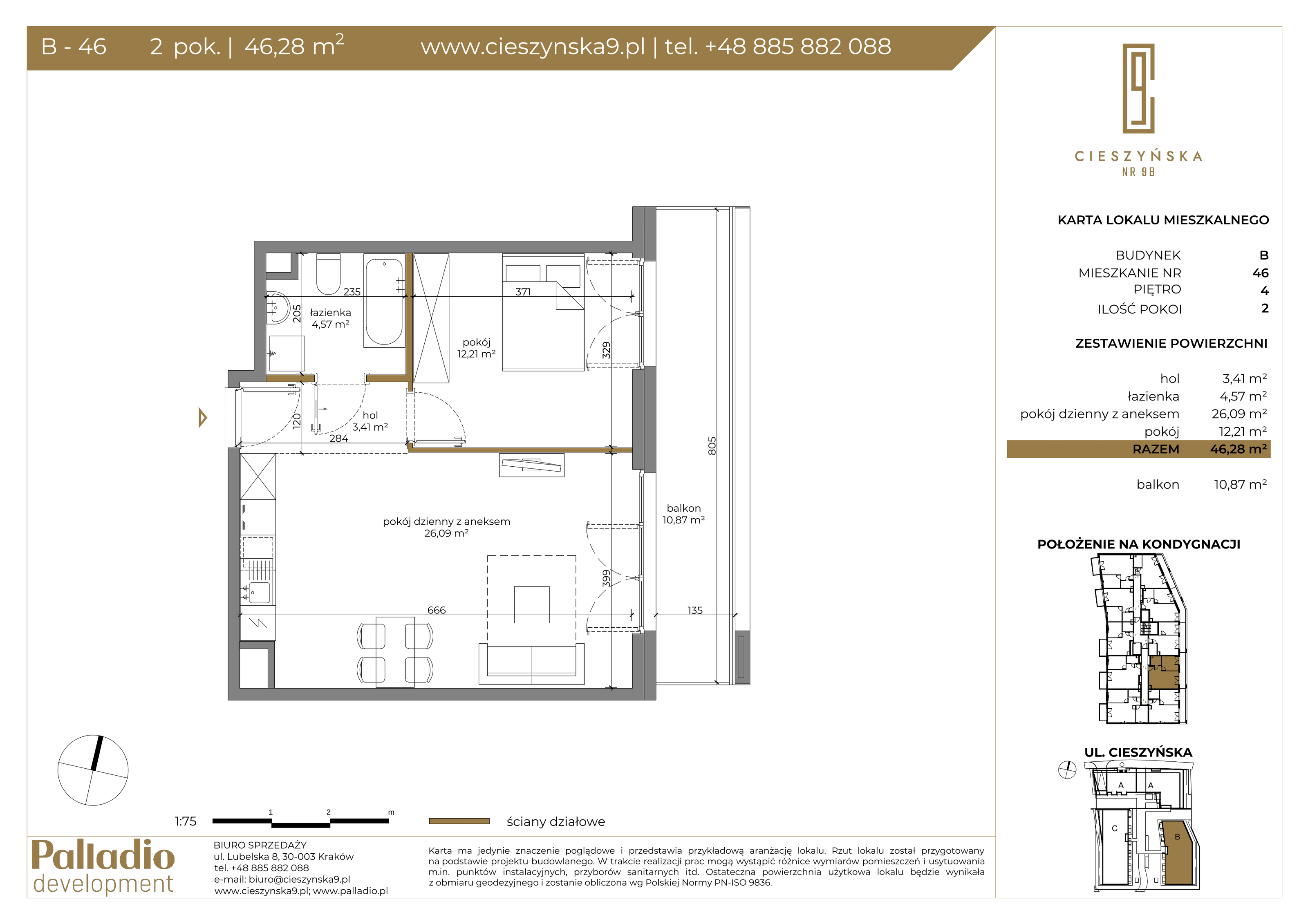 Apartament 46,28 m², piętro 4, oferta nr B-46, Cieszyńska 9, Kraków, Krowodrza, Łobzów, ul. Cieszyńska 9-idx