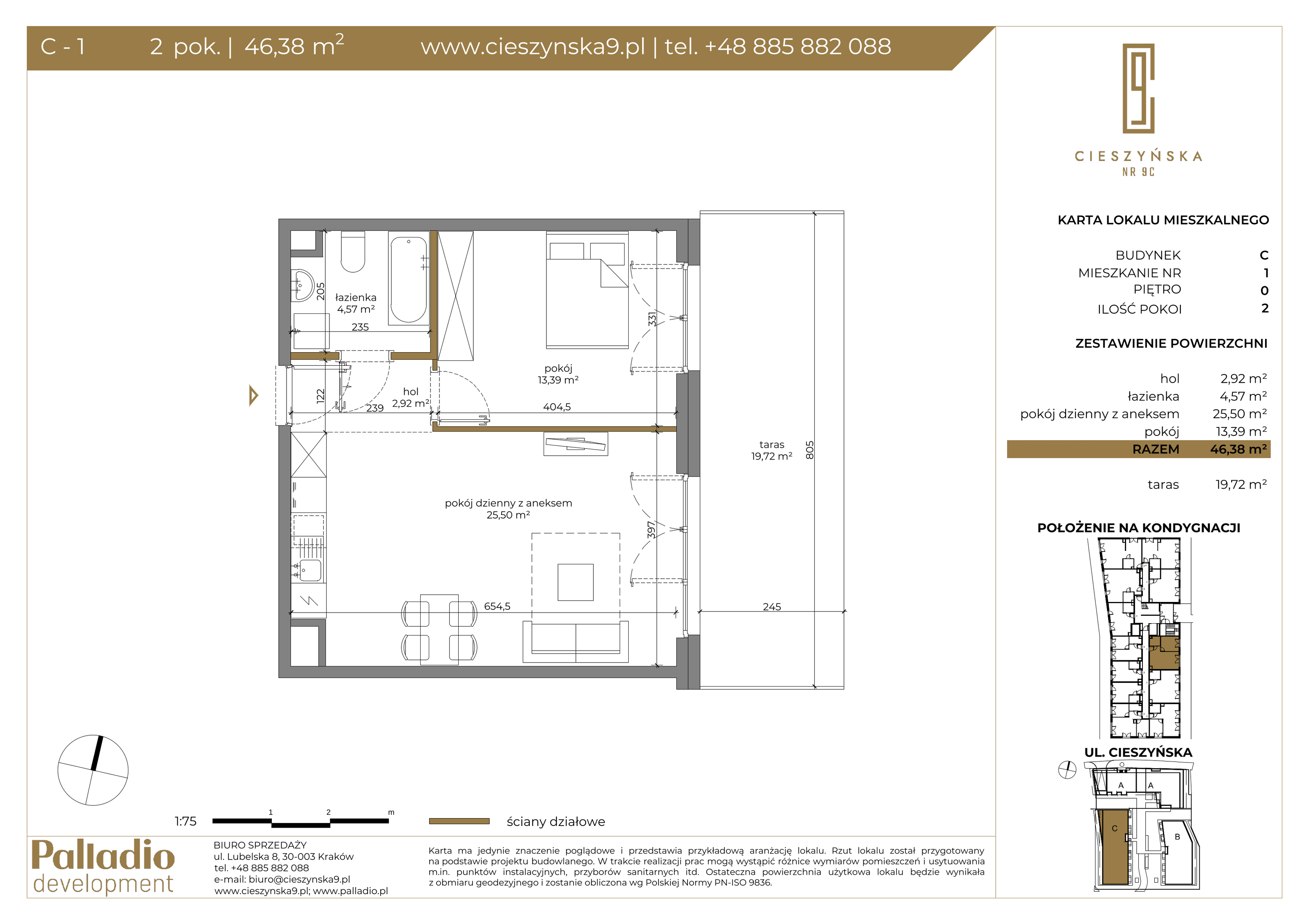 Apartament 46,38 m², parter, oferta nr C-1, Cieszyńska 9, Kraków, Krowodrza, Łobzów, ul. Cieszyńska 9-idx